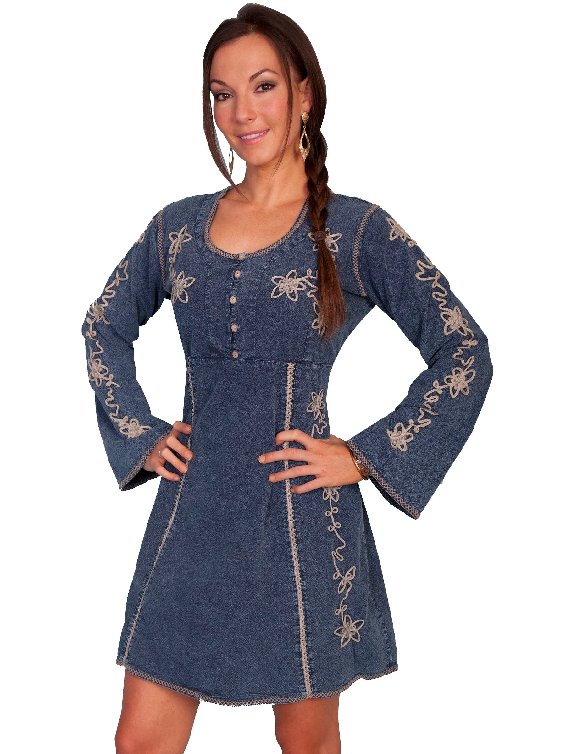 Closet Classic Scully Cantina Collection Scoop Neck Dress Dark Blue 100% Cotton Crochet L/S