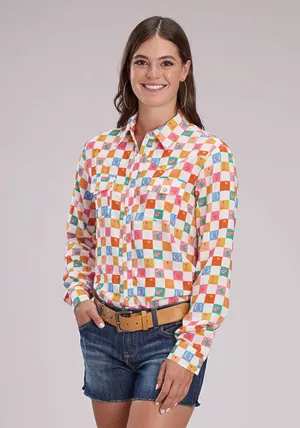 Fair trade Roper Womens Checker Print Cream 100% Rayon L/S Blouse Roper Womens Checker Print Cream 100% Rayon L/S Blouse Layered Collar Youthful Vibe