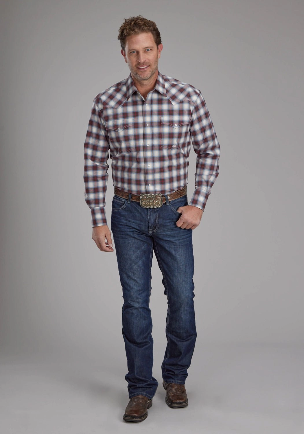 Roper Mens 2164 Stretch Plaid Brown Cotton Blend L/S Shirt Effortless Comfort Fast Drying