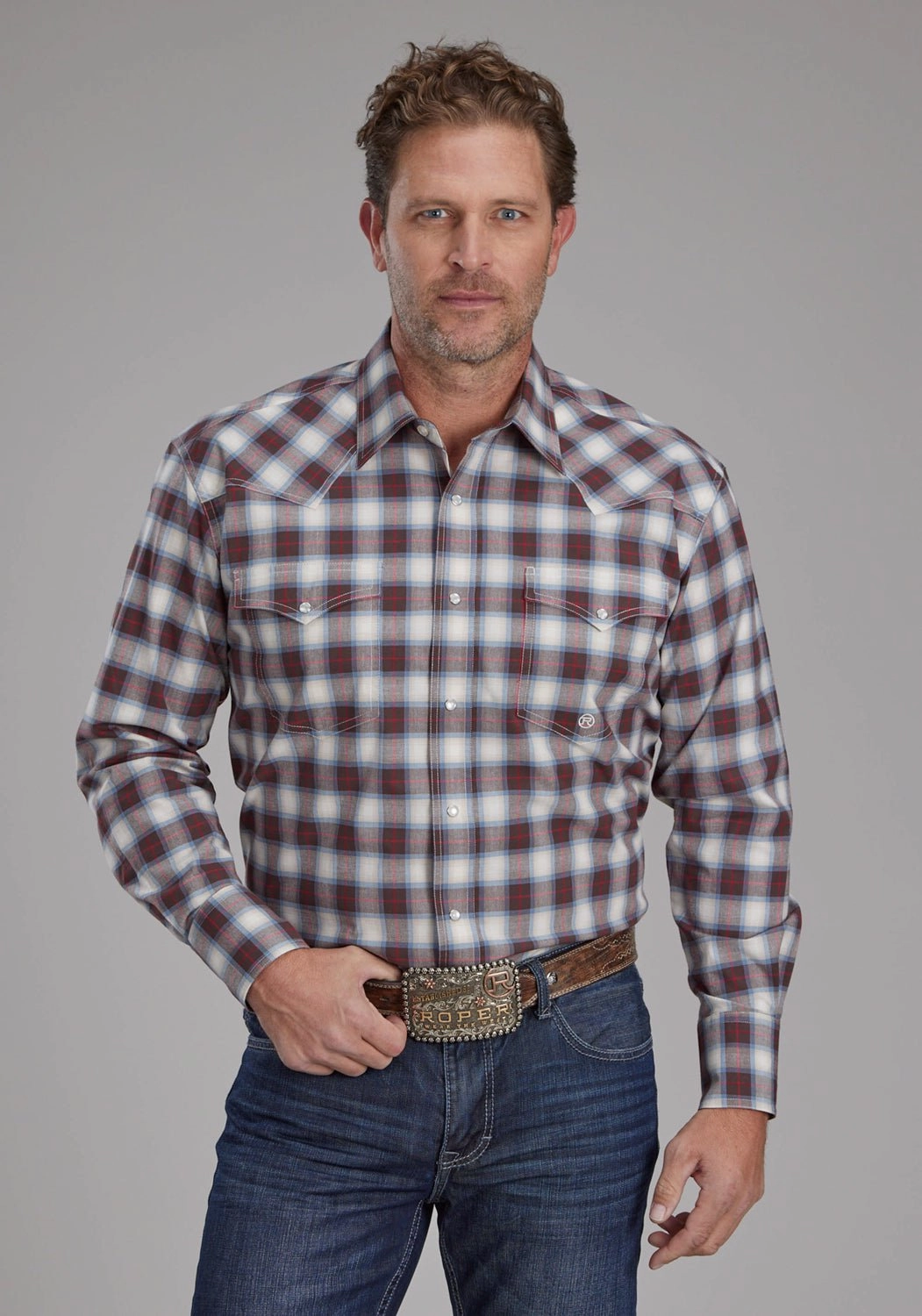 Roper Mens 2164 Stretch Plaid Brown Cotton Blend L/S Shirt Shimmer Effect