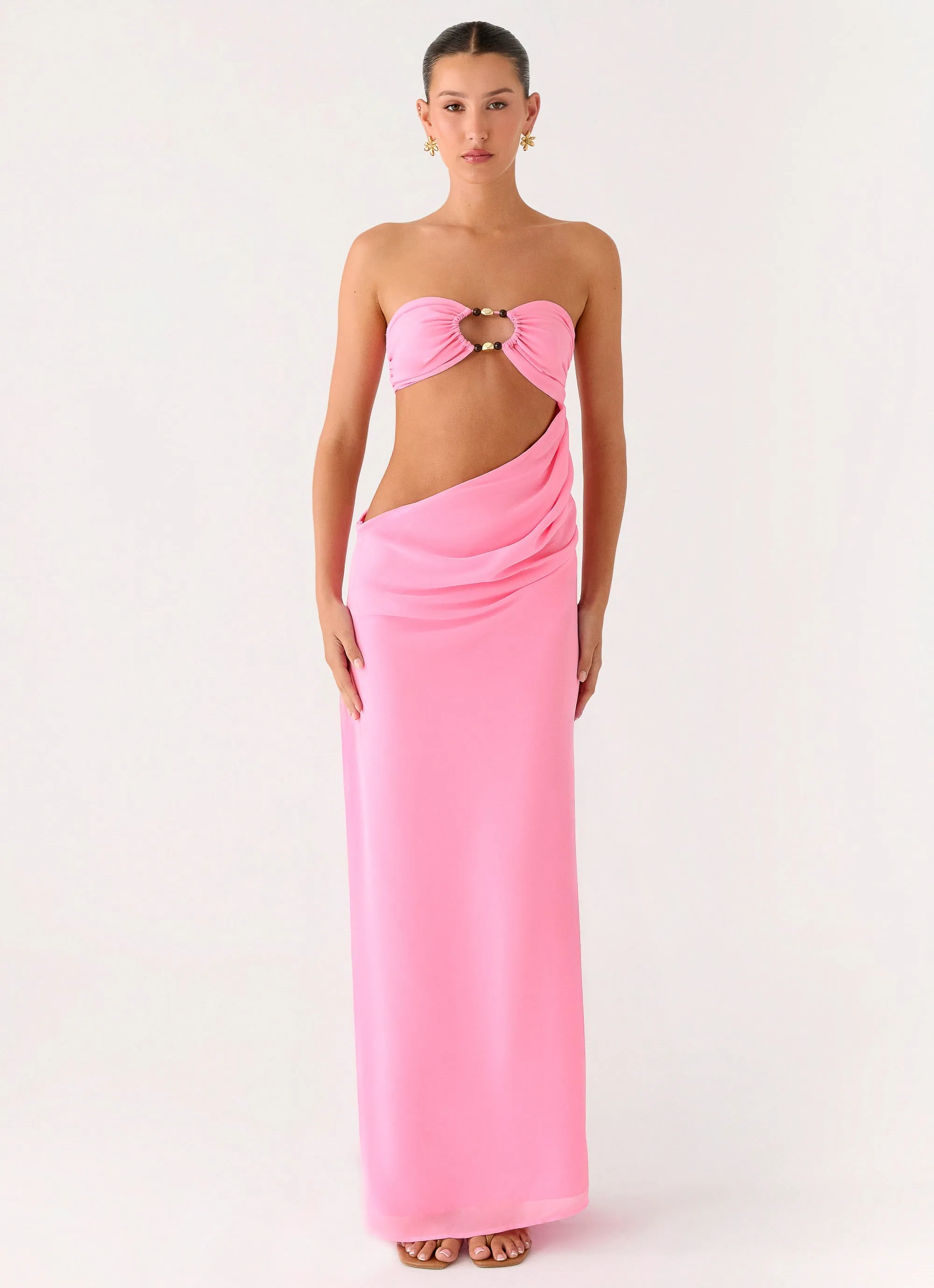 Bell-Sleeve Falling Forever Strapless Beaded Maxi Dress - Pink