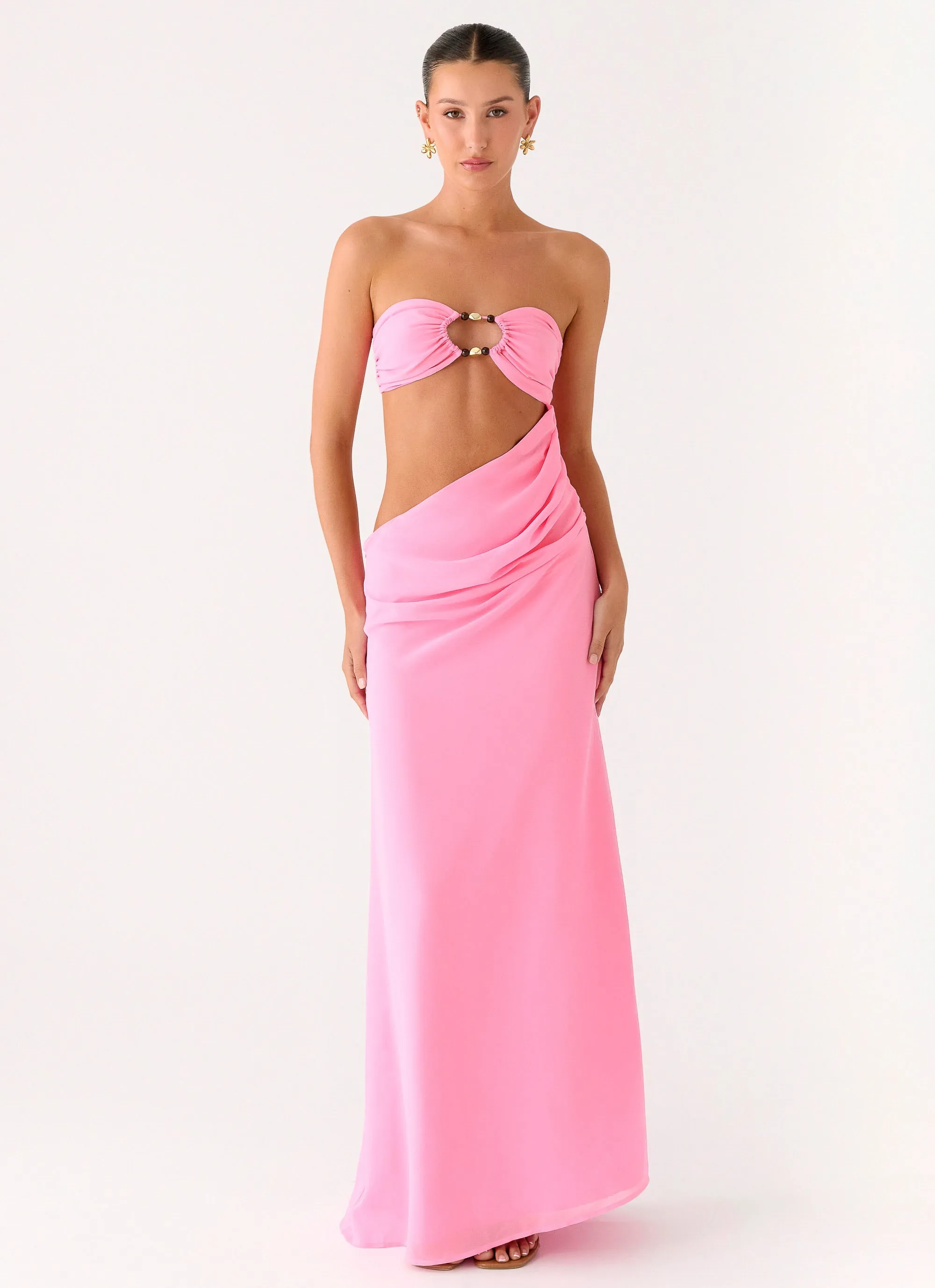 All-Purpose Wear Collared Falling Forever Strapless Beaded Maxi Dress - Pink