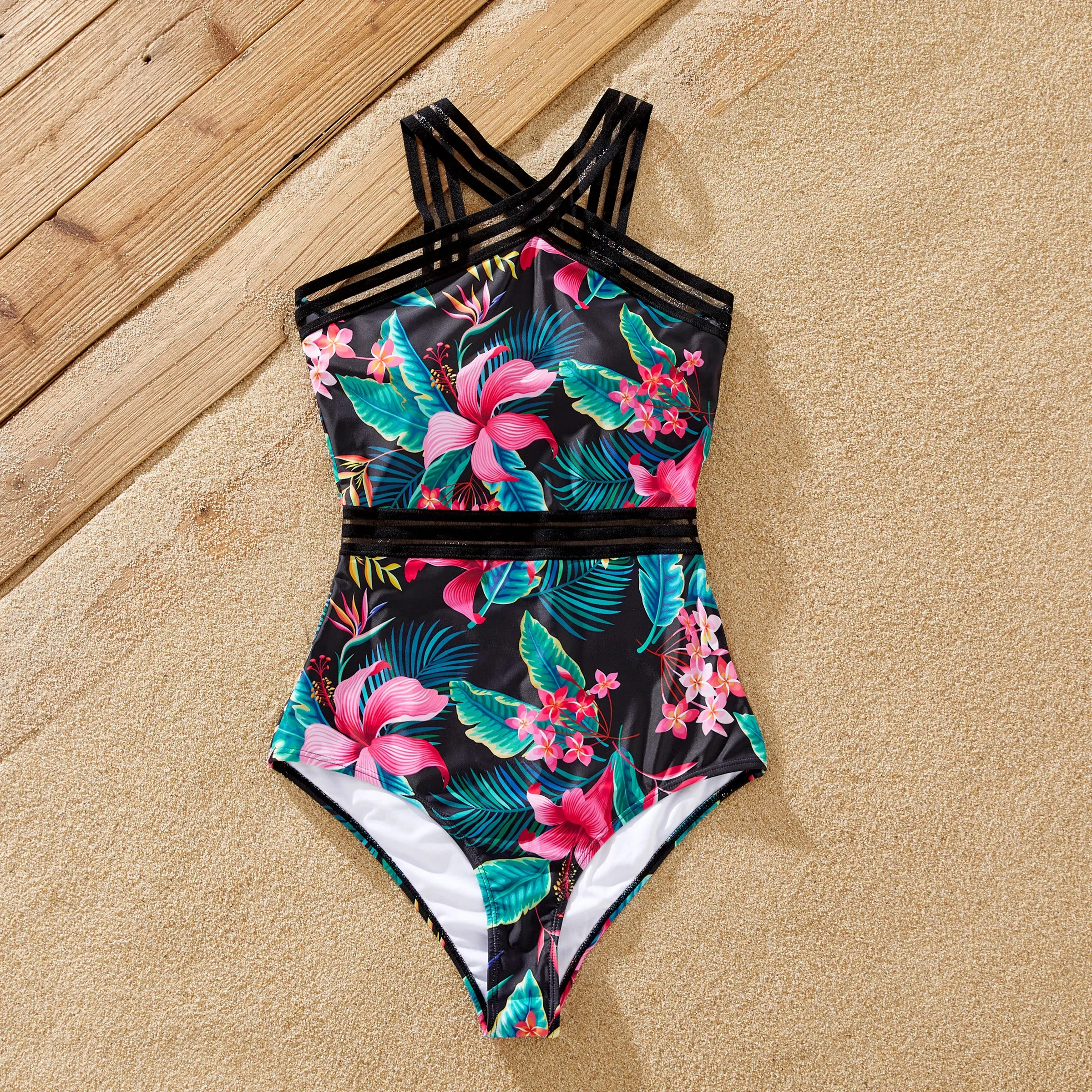 Family Matching Allover Plant Print Crisscross One-Piece Swimsuit and Swim Trunks