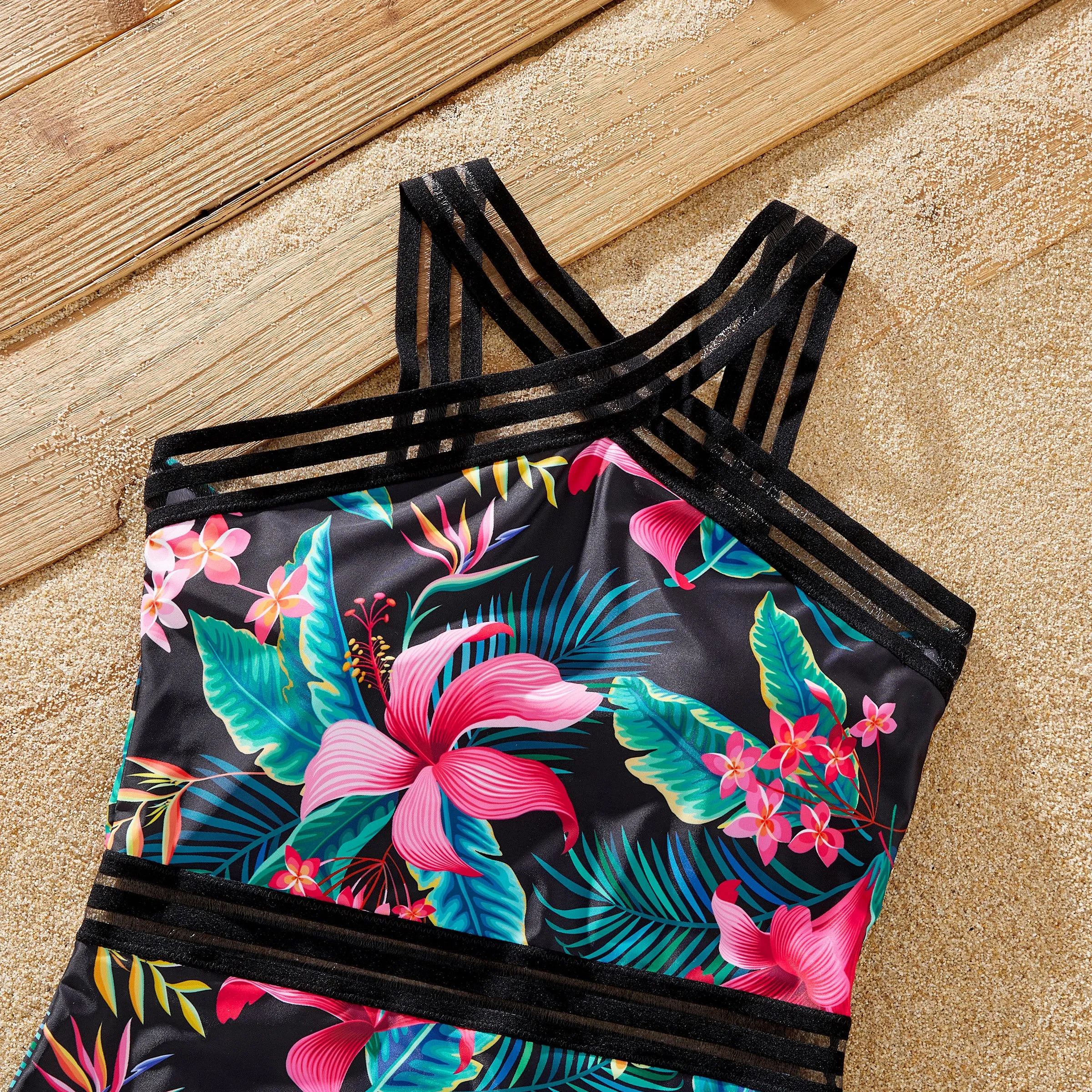 Family Matching Allover Plant Print Crisscross One-Piece Swimsuit and Swim Trunks