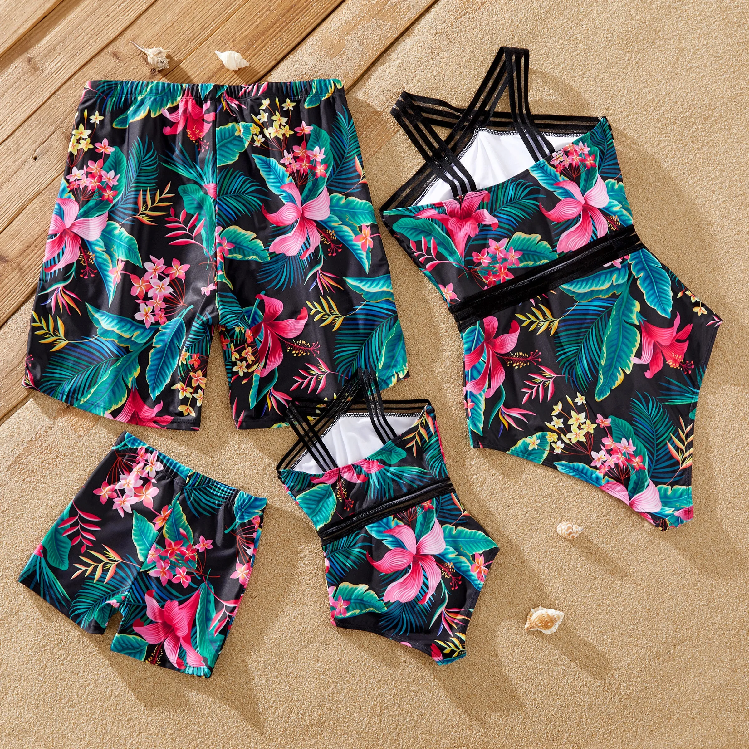 Family Matching Allover Plant Print Crisscross One-Piece Swimsuit and Swim Trunks