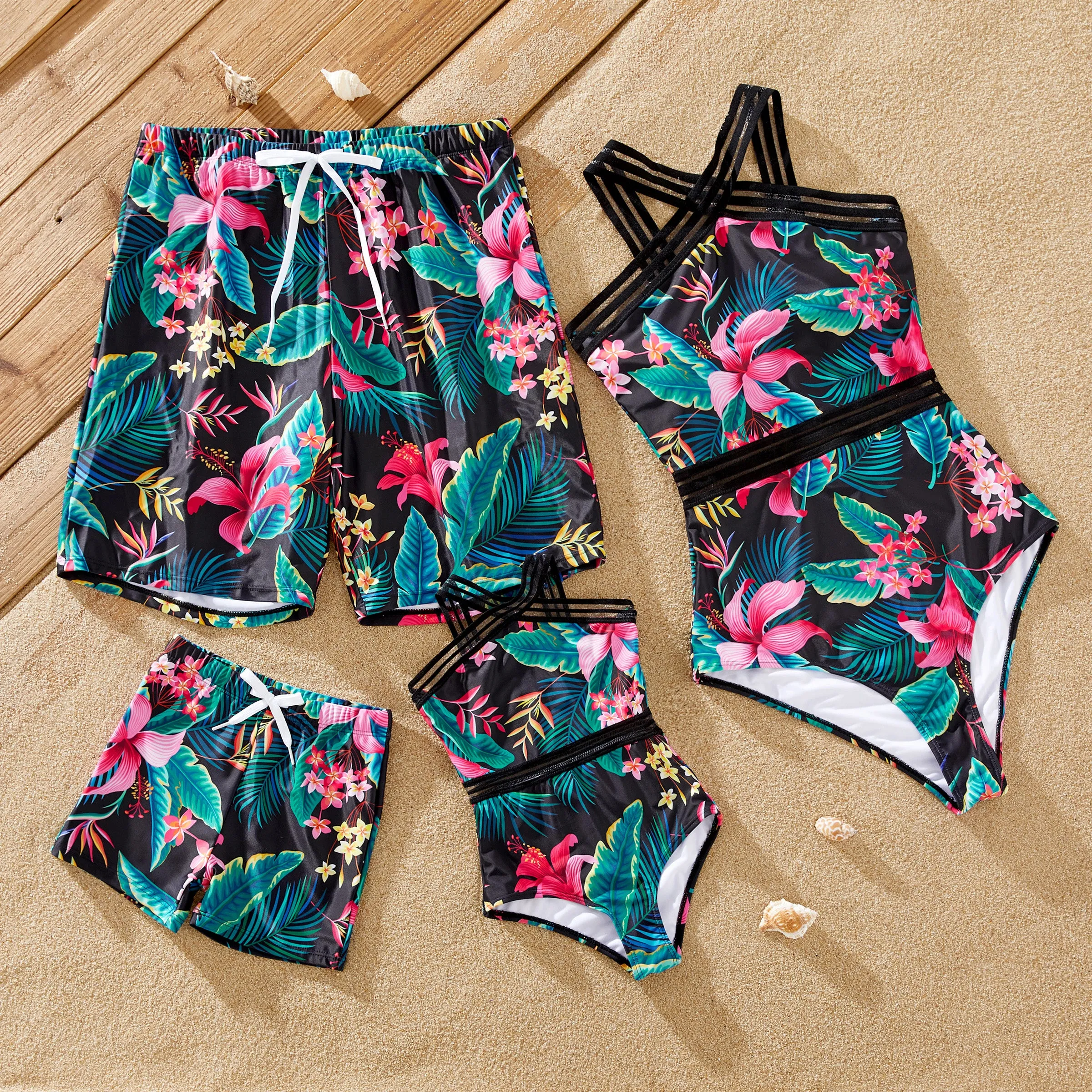 Family Matching Allover Plant Print Crisscross One-Piece Swimsuit and Swim Trunks