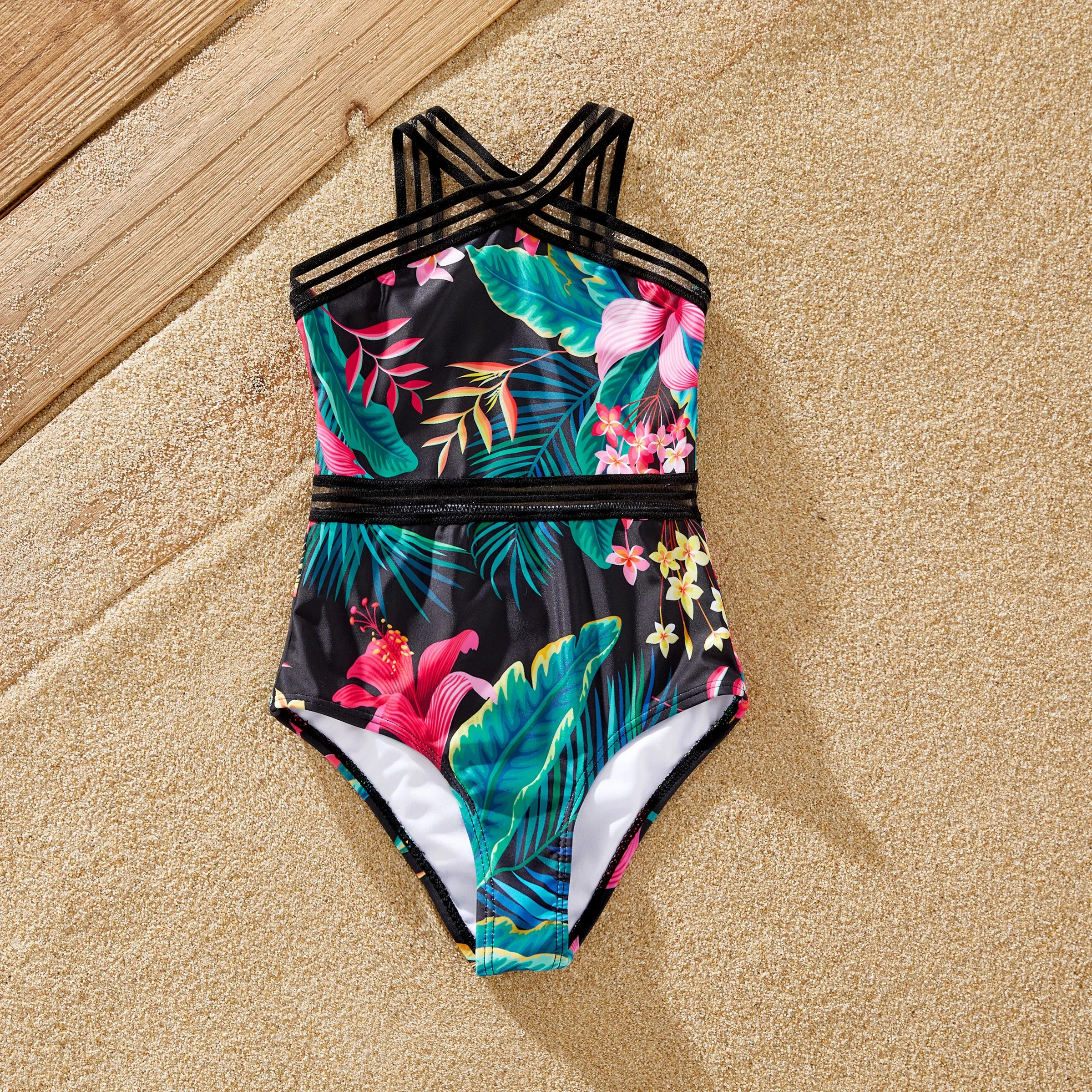 Family Matching Allover Plant Print Crisscross One-Piece Swimsuit and Swim Trunks