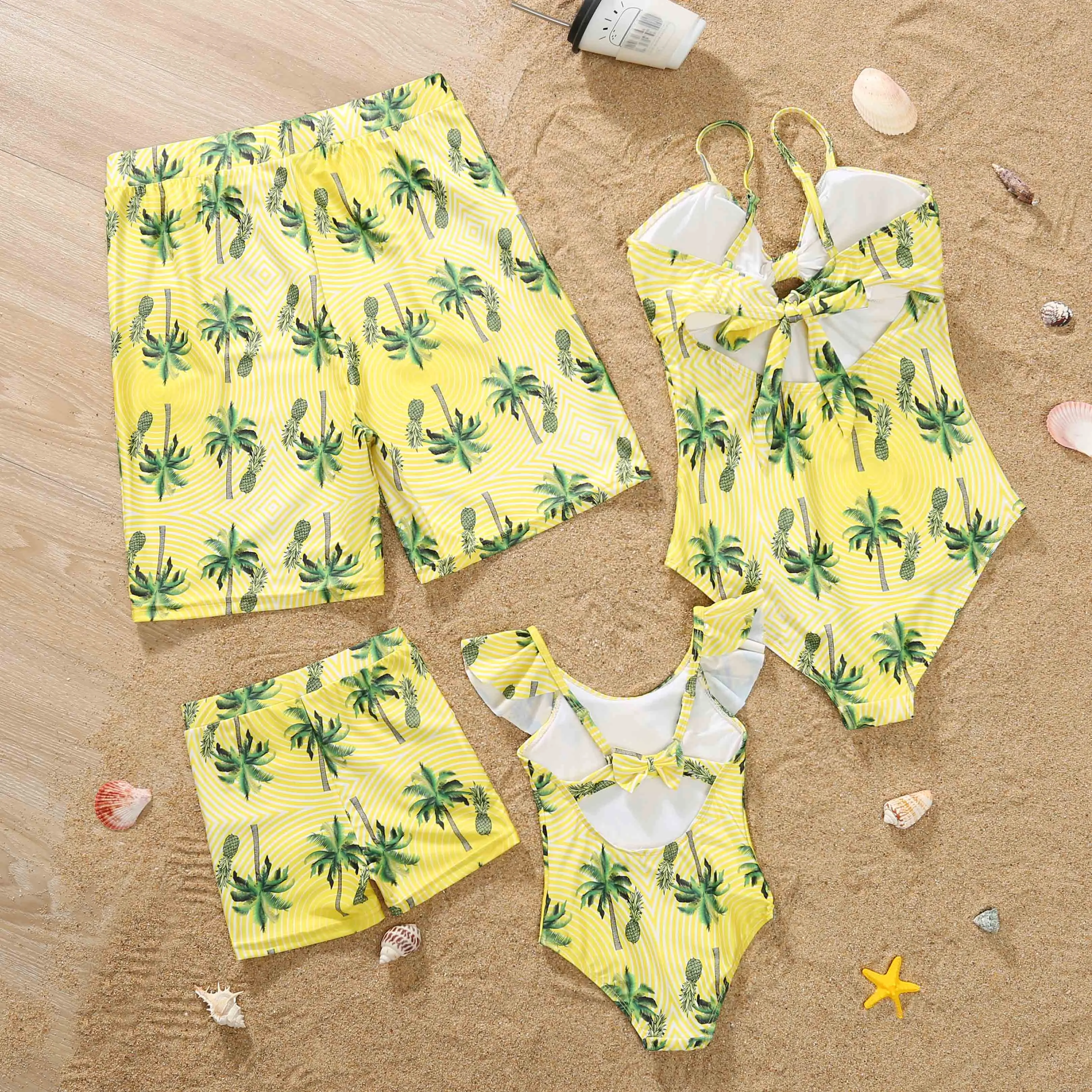 Family Matching Swimwear Coconut Tree and Pineapple Print One Piece Family Bathing Suit