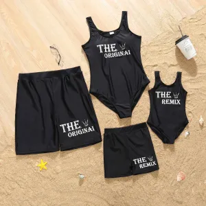 Family Matching Swimwear Letter Print Black One Piece Family Bathing Suit