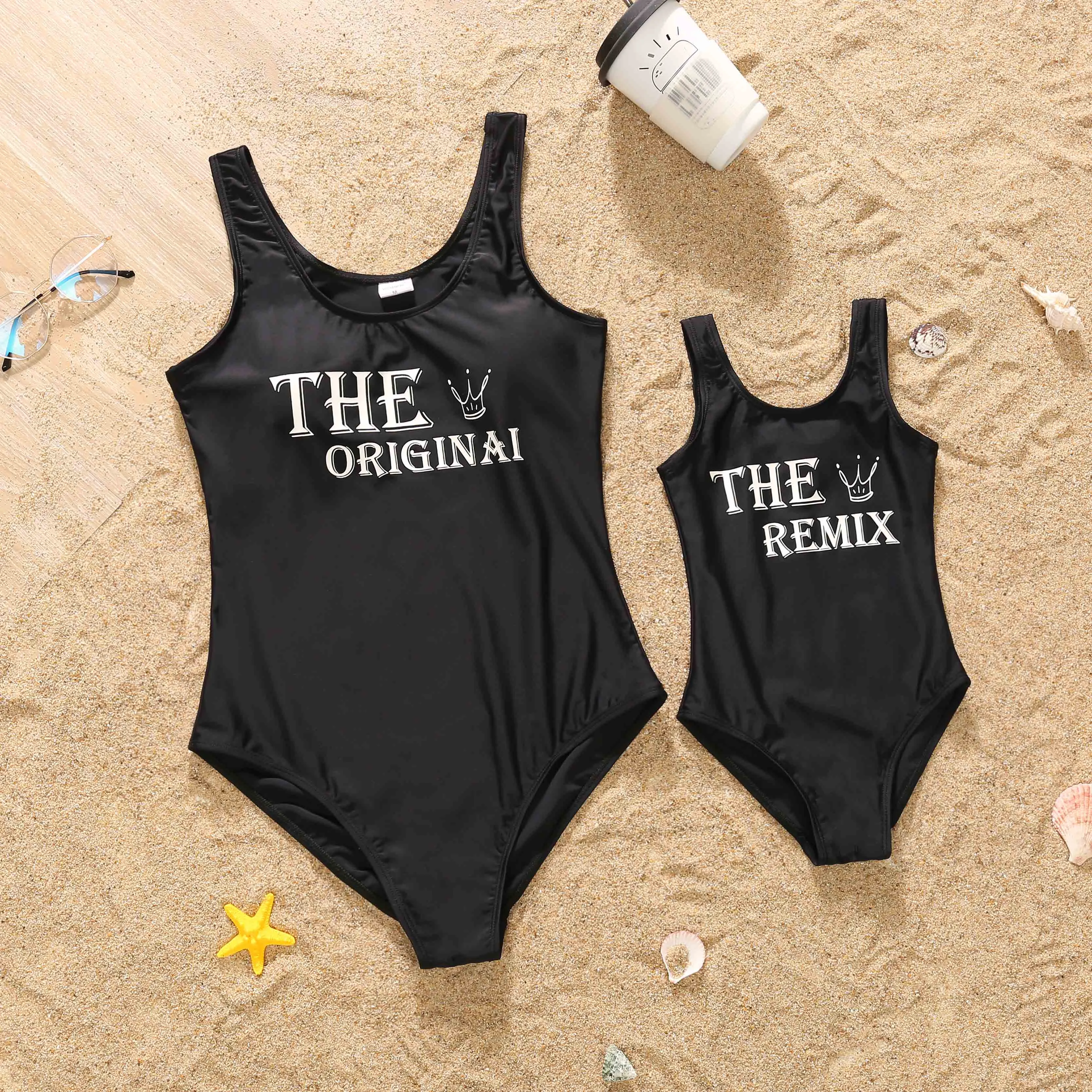 Family Matching Swimwear Letter Print Black One Piece Family Bathing Suit