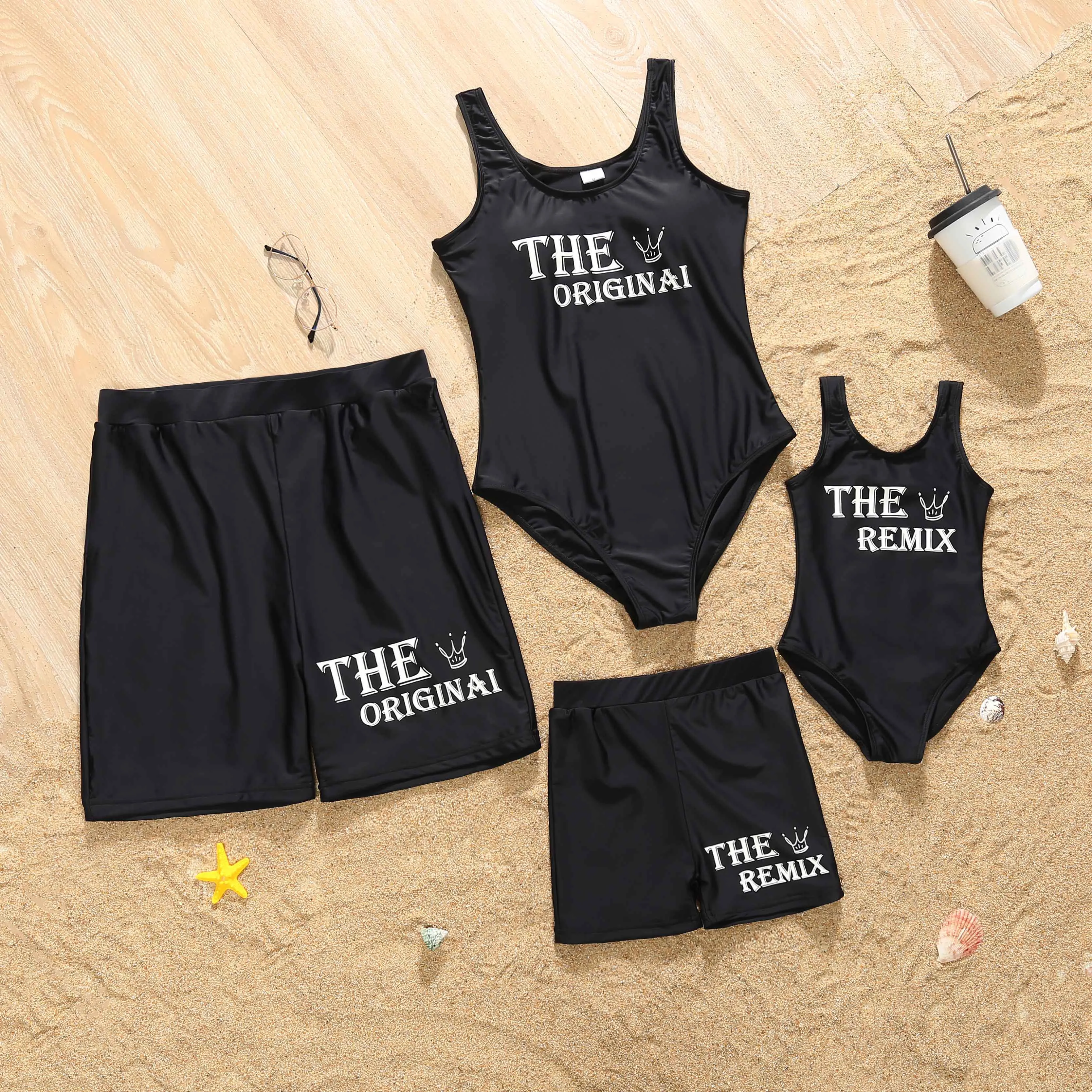 Family Matching Swimwear Letter Print Black One Piece Family Bathing Suit