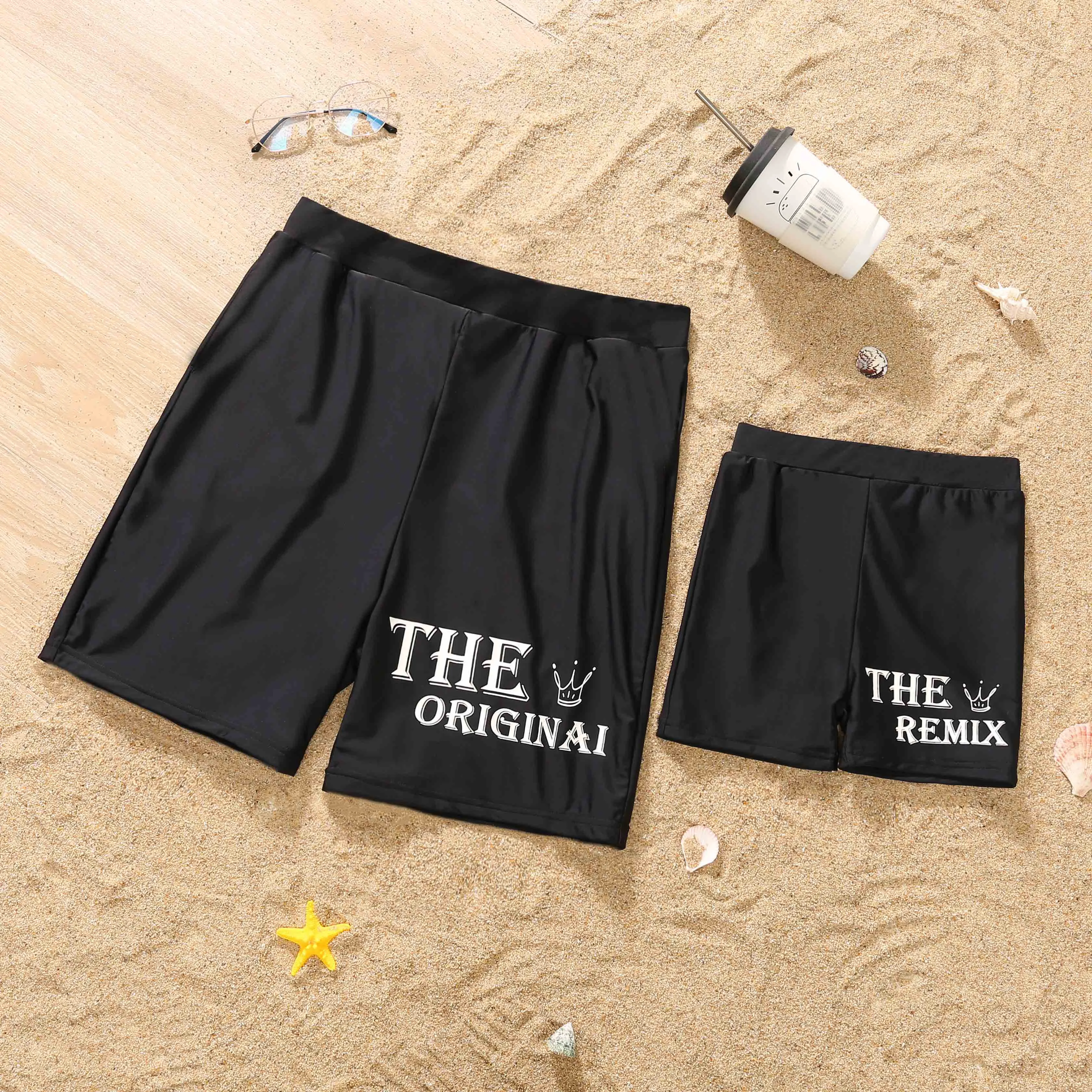 Family Matching Swimwear Letter Print Black One Piece Family Bathing Suit