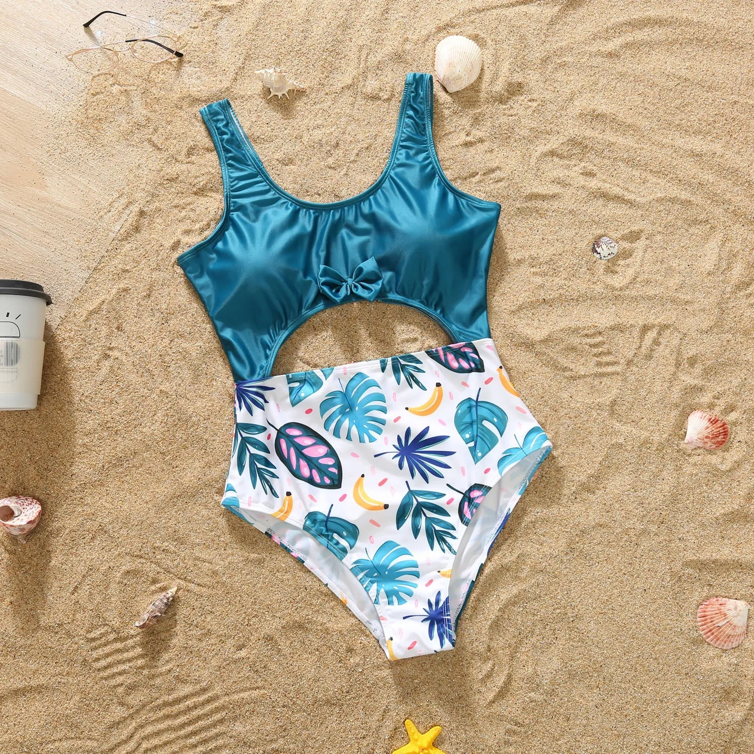 Family Matching Swimwear Plant Print Blue One Piece Bathing Suit