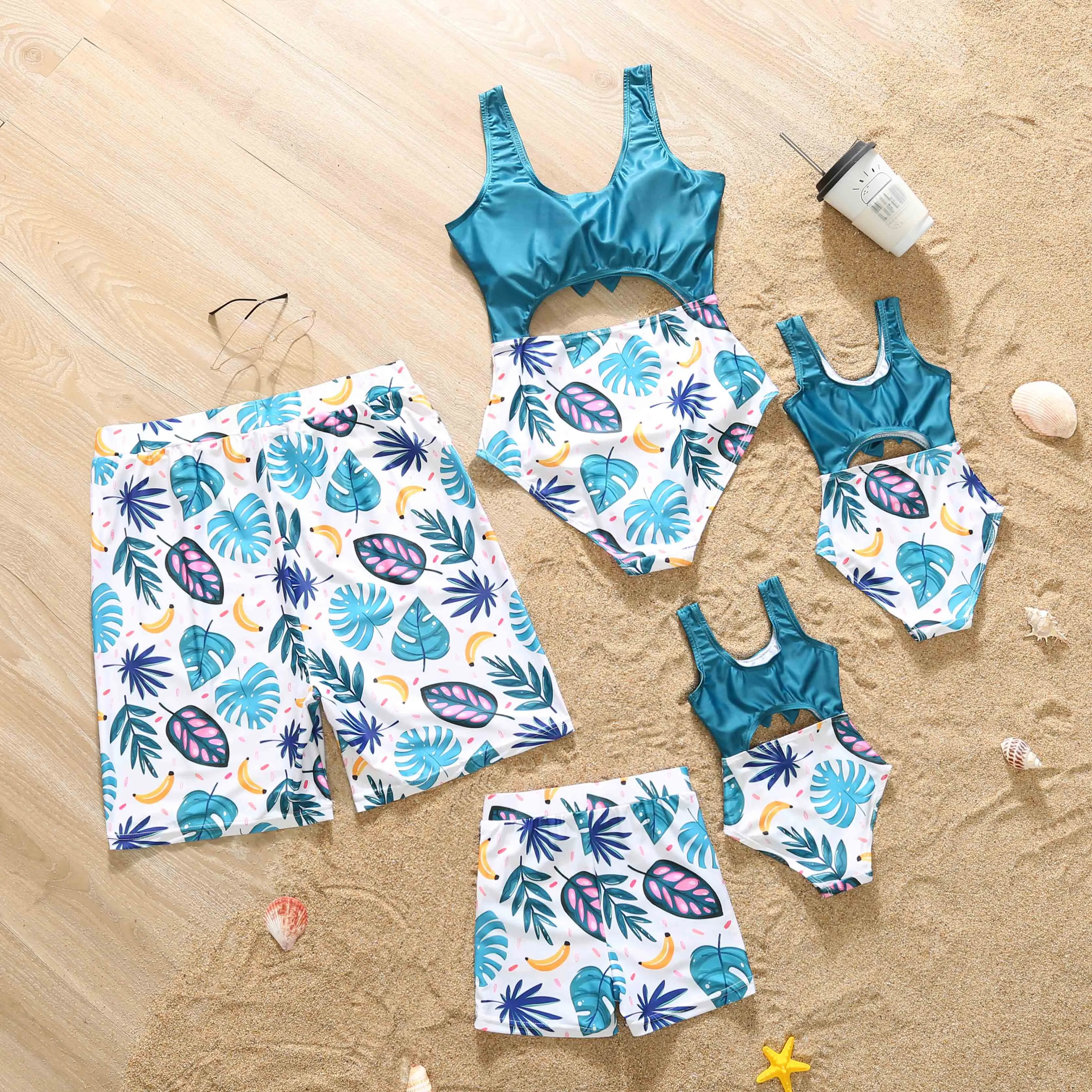 Family Matching Swimwear Plant Print Blue One Piece Bathing Suit