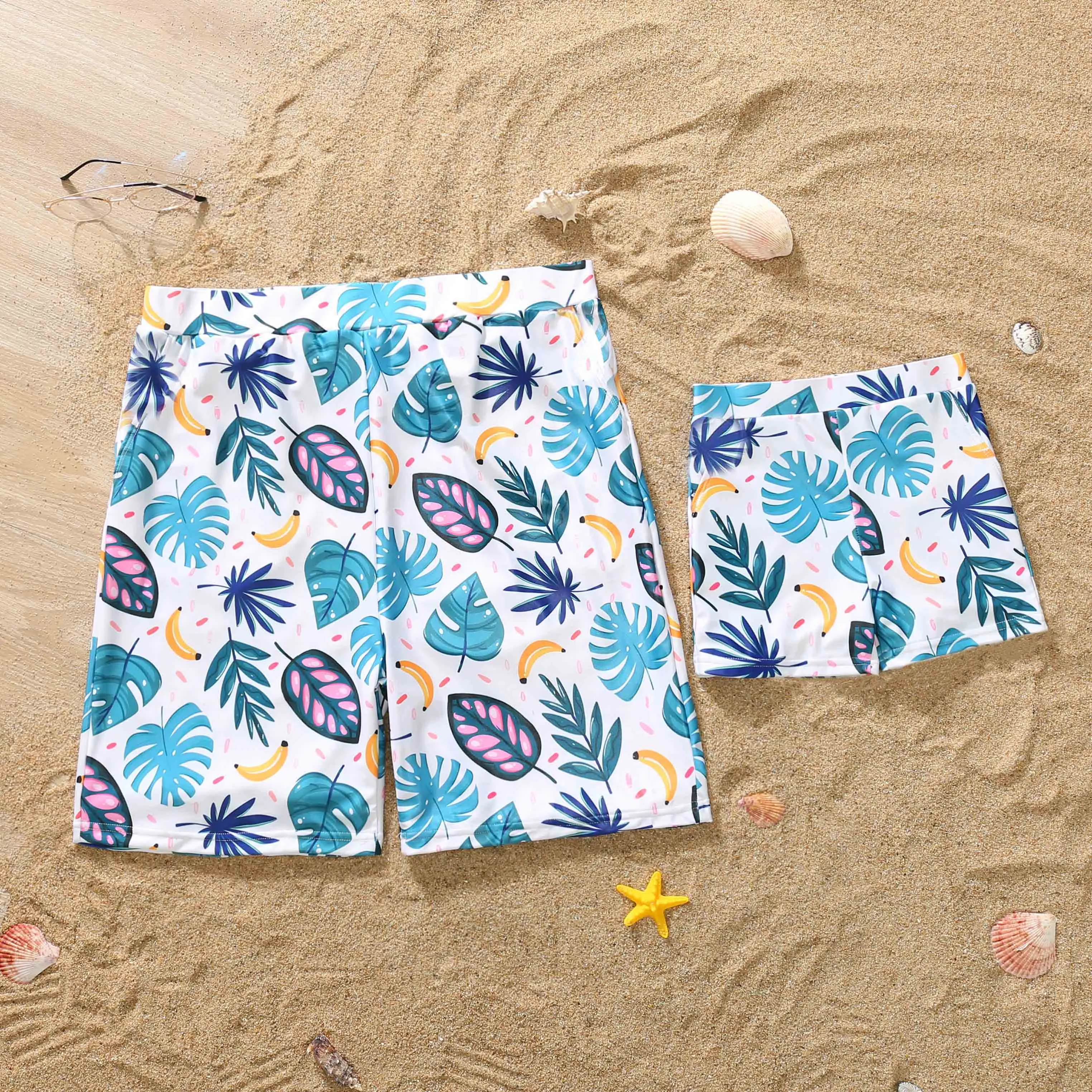 Family Matching Swimwear Plant Print Blue One Piece Bathing Suit