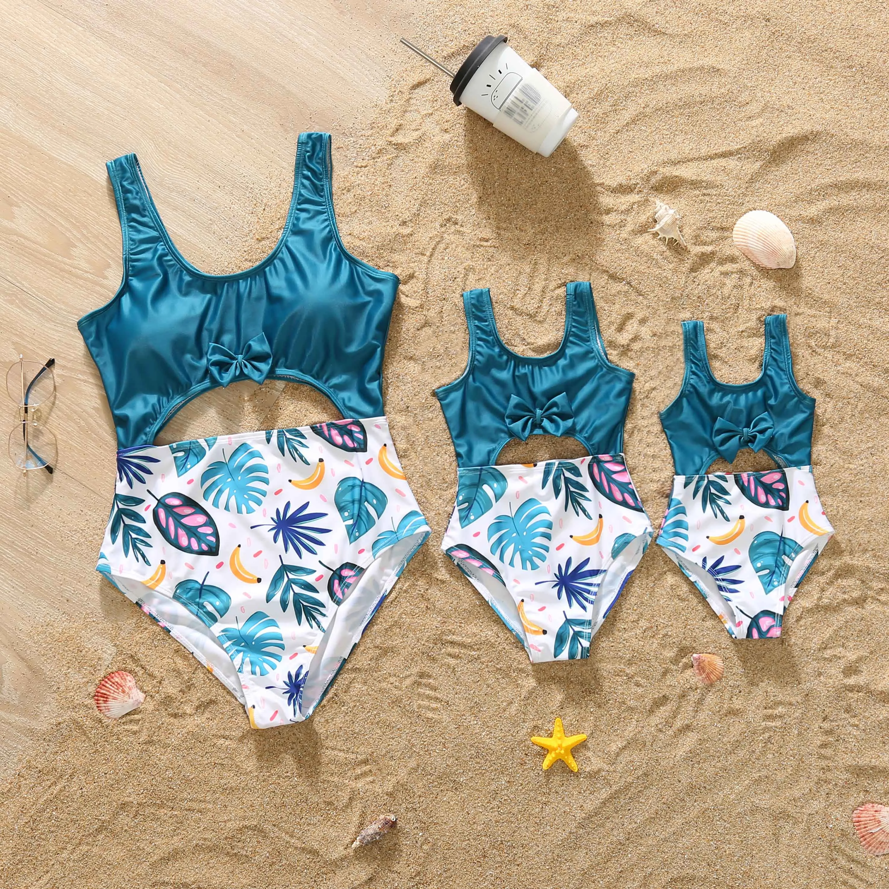 Family Matching Swimwear Plant Print Blue One Piece Bathing Suit
