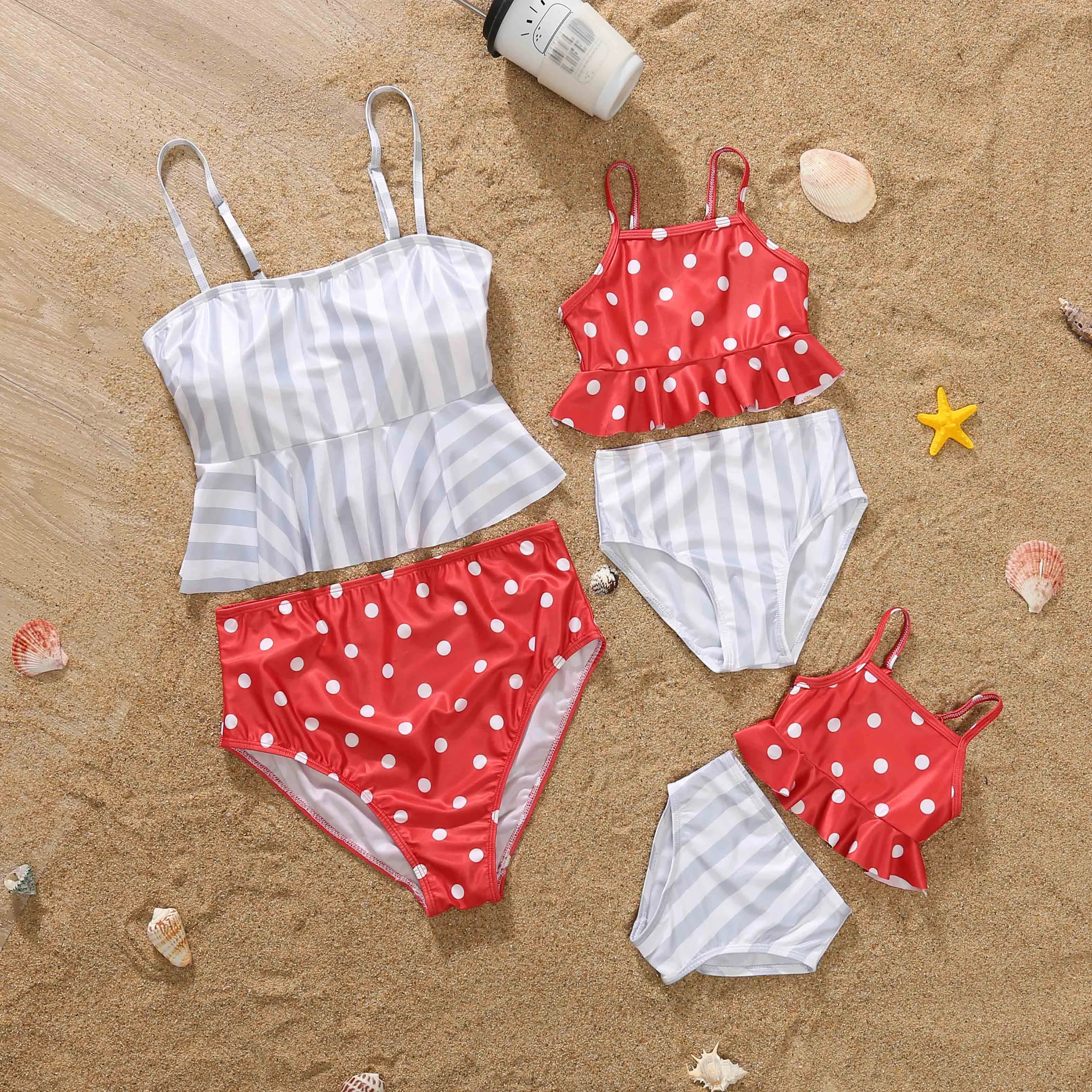 Family Matching Swimwear Striped and Polka Dot Print One Piece Family Bathing Suit