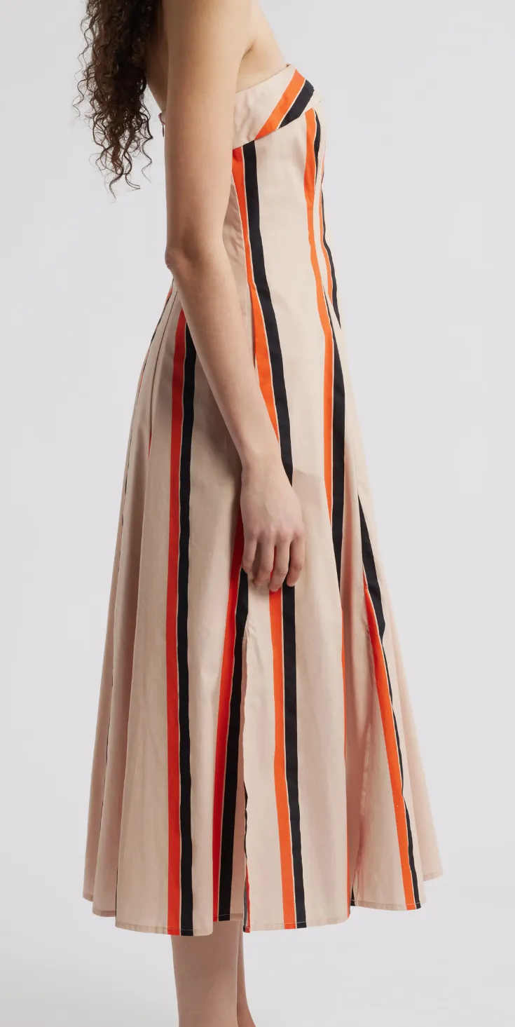 Classic Waistband Versatile Cut Amaranth Strapless Midi Dress in Orange Multi Stripe