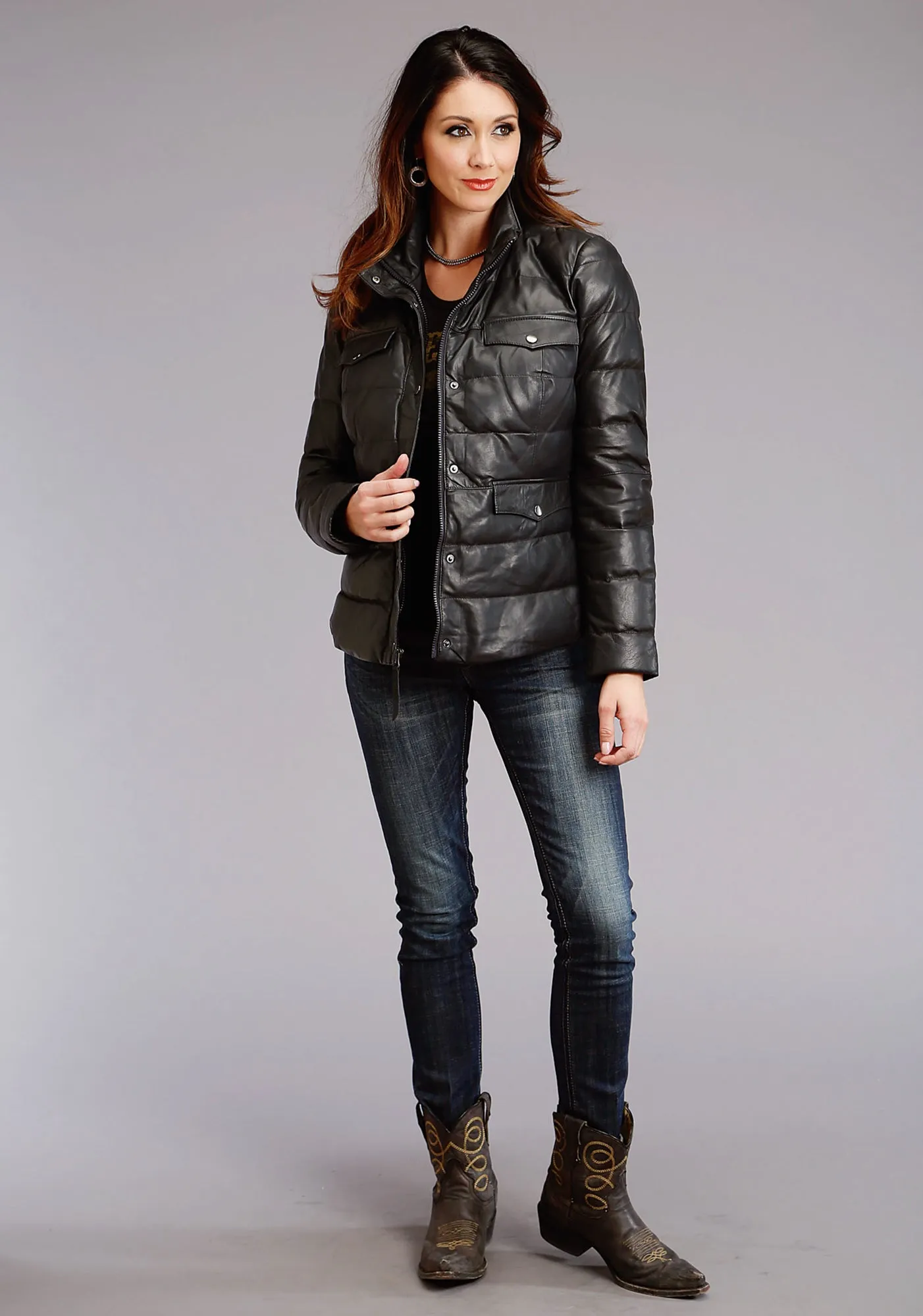 Stetson Womens Navy Lamb Leather Puffy Quilted Jacket Tailored Style