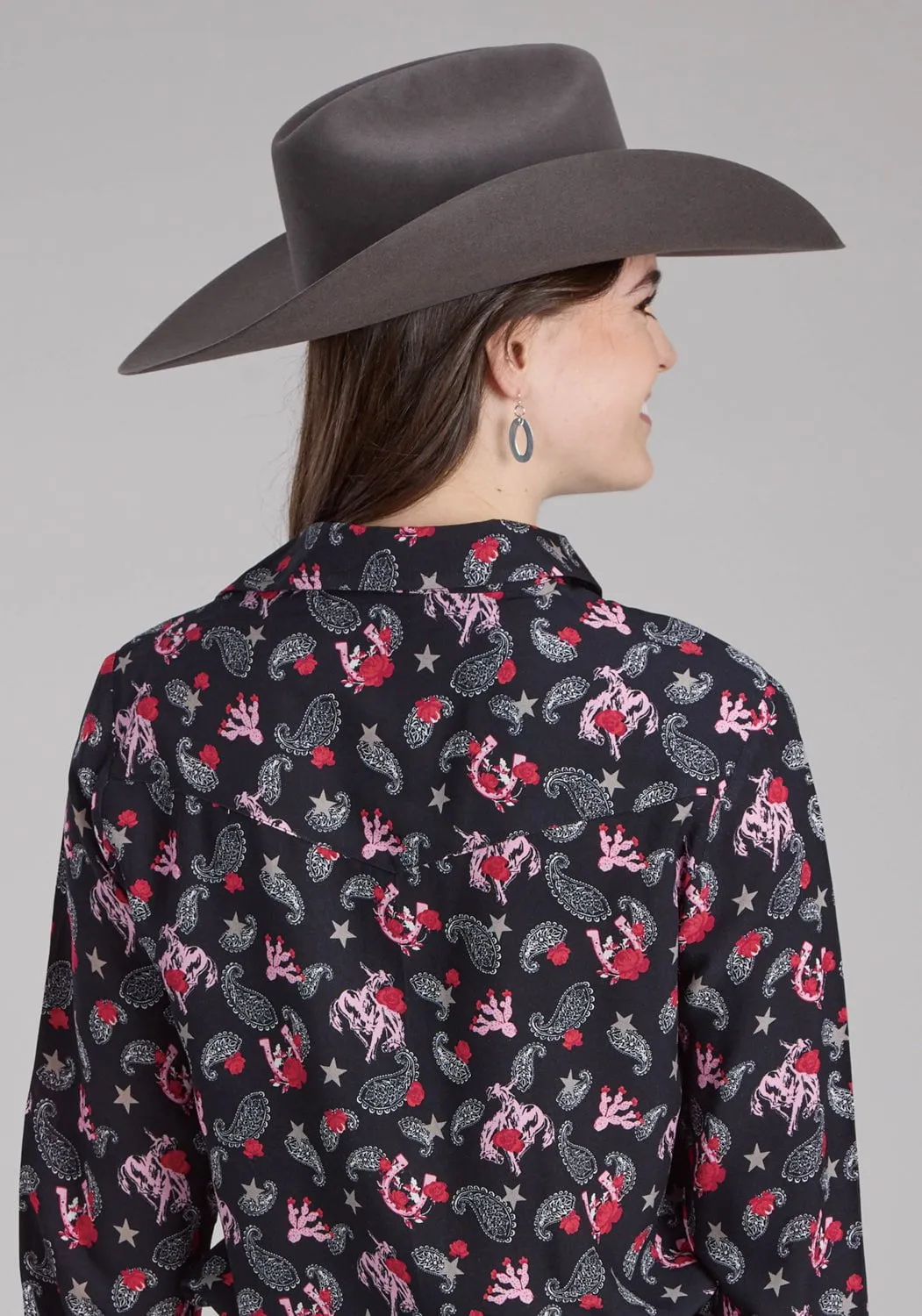 Roper Womens Bronc Rider Print Black 100% Rayon L/S Blouse Customizable Option