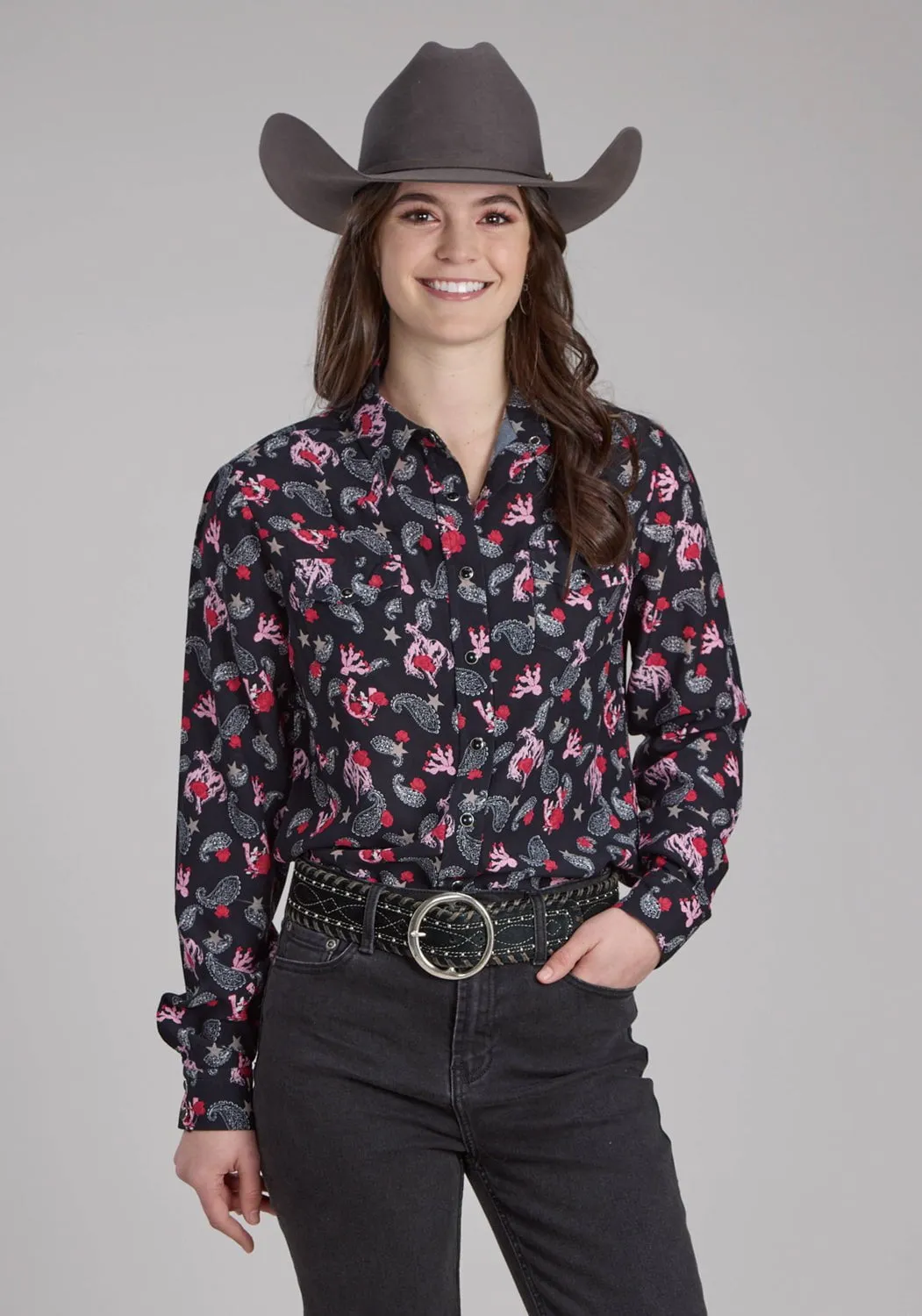 Cruise Collection Resort Wear Roper Womens Bronc Rider Print Black 100% Rayon L/S Blouse