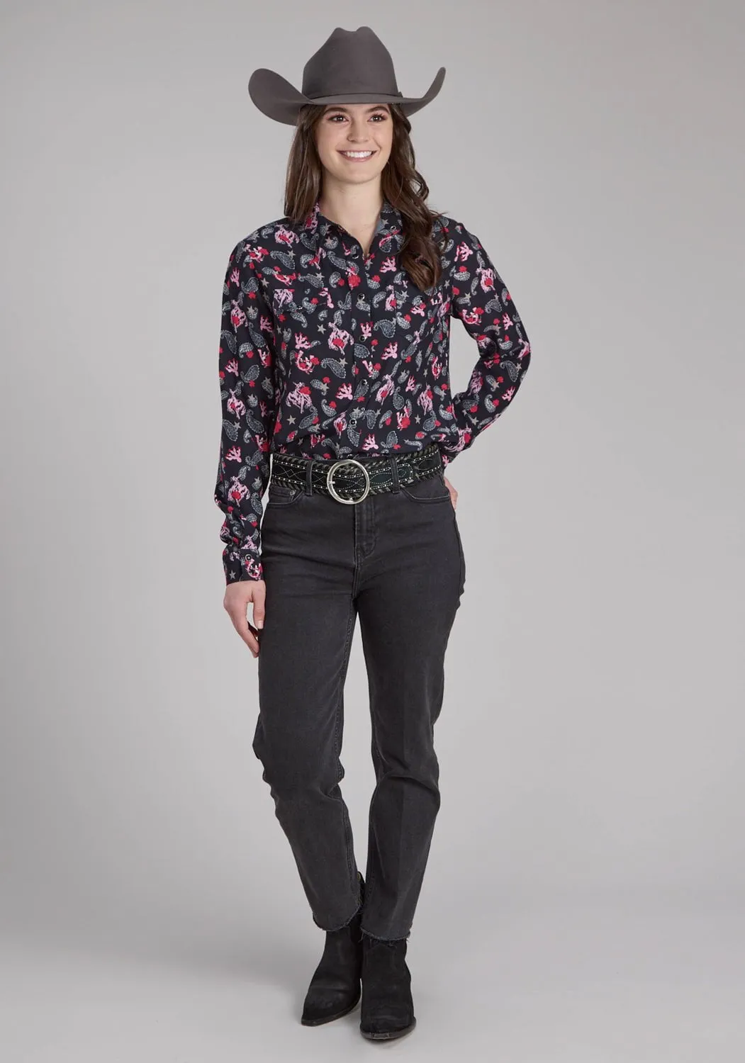 Roper Womens Bronc Rider Print Black 100% Rayon L/S Blouse Midweight Textile