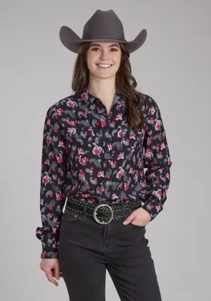 Fashion Essential Roper Womens Bronc Rider Print Black 100% Rayon L/S Blouse Roper Womens Bronc Rider Print Black 100% Rayon L/S Blouse Daytime Look Trendy Pattern