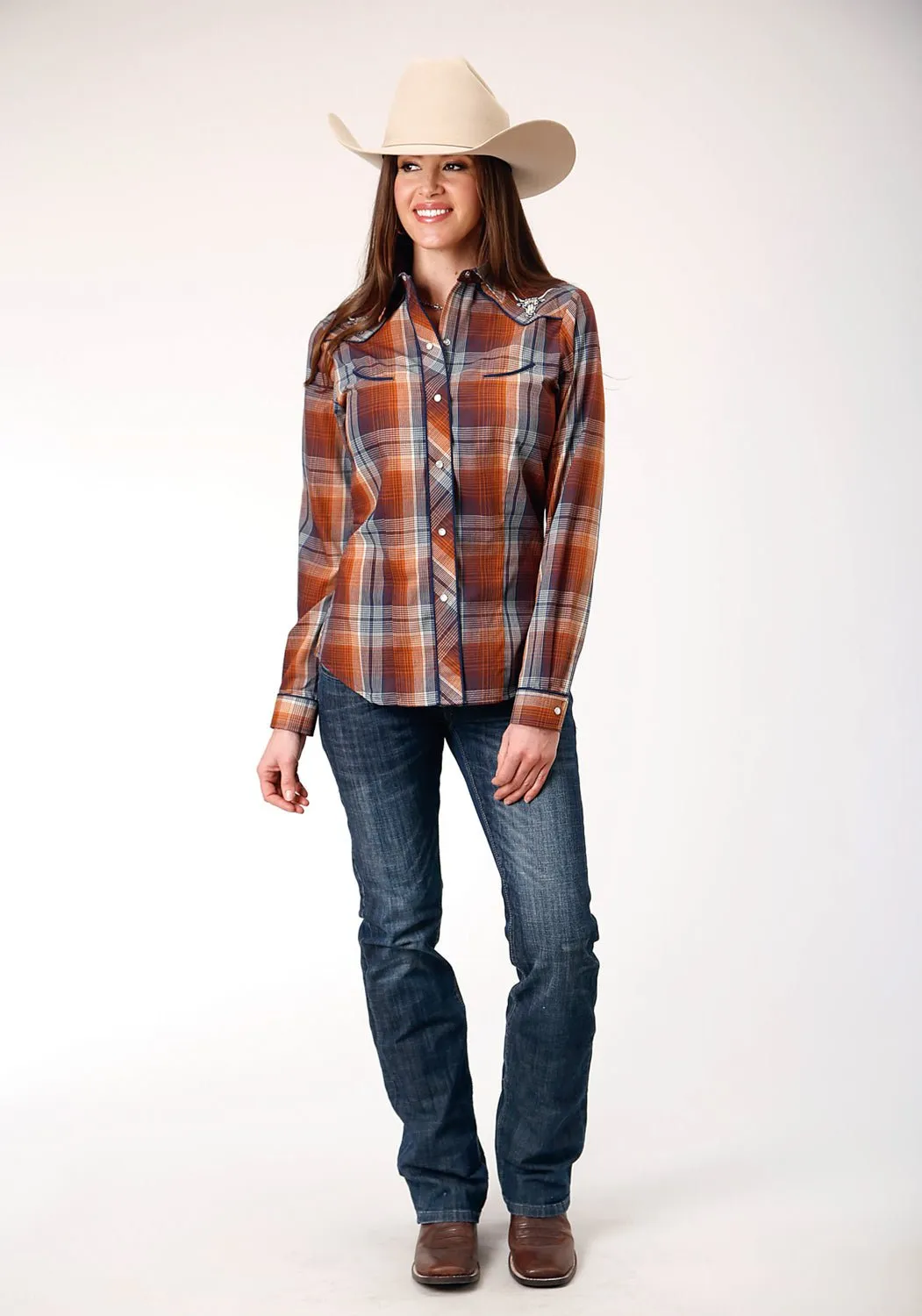 Roper Womens Cream Plaid Brown Cotton Blend L/S Shirt Temperature Regulating