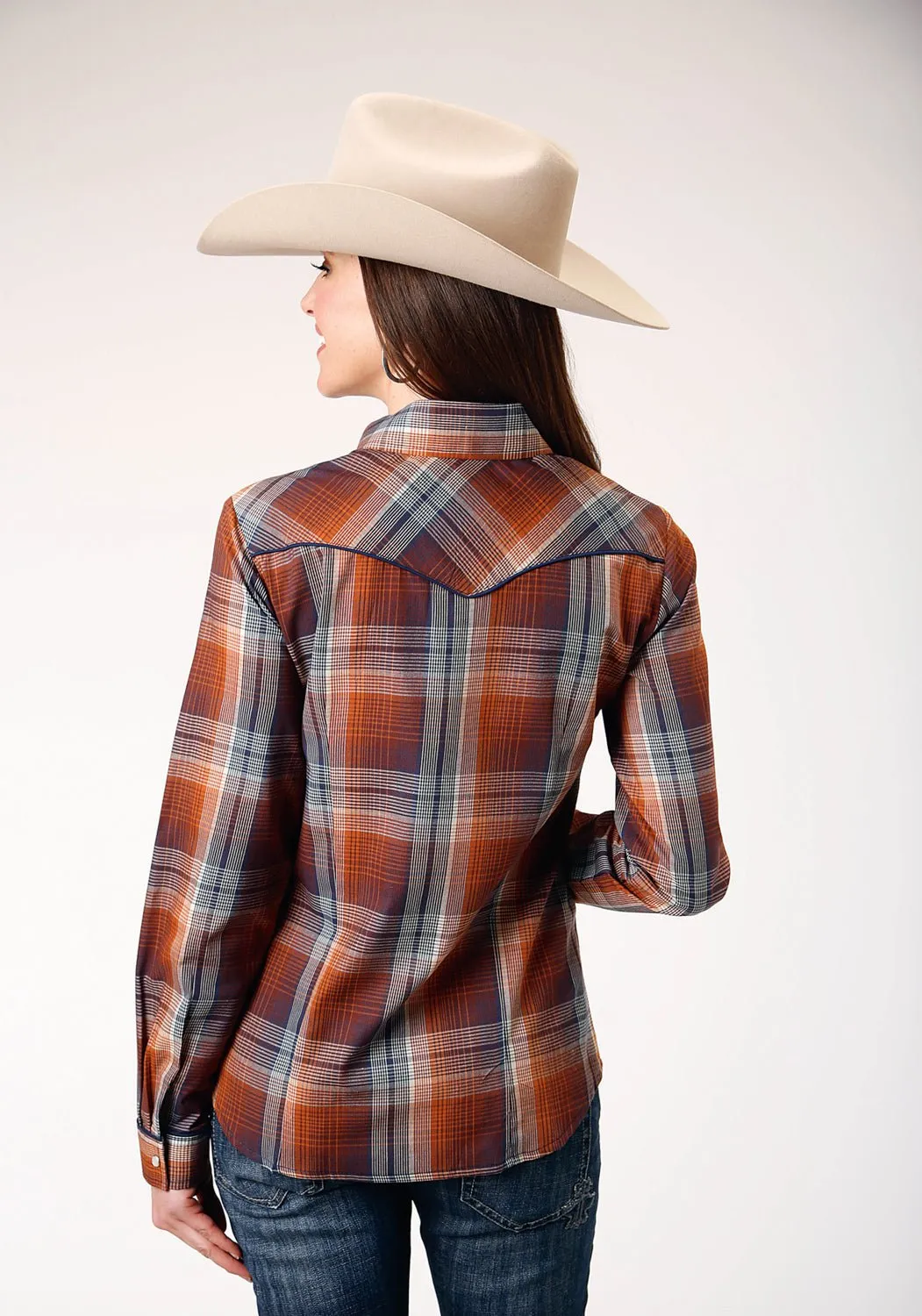 Gym Wear Wrinkle Free Care Roper Womens Cream Plaid Brown Cotton Blend L/S Shirt