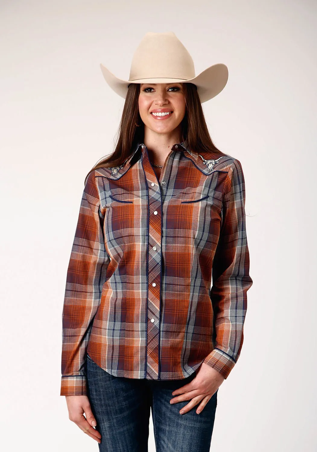 Affordable Luxury Roper Womens Cream Plaid Brown Cotton Blend L/S Shirt