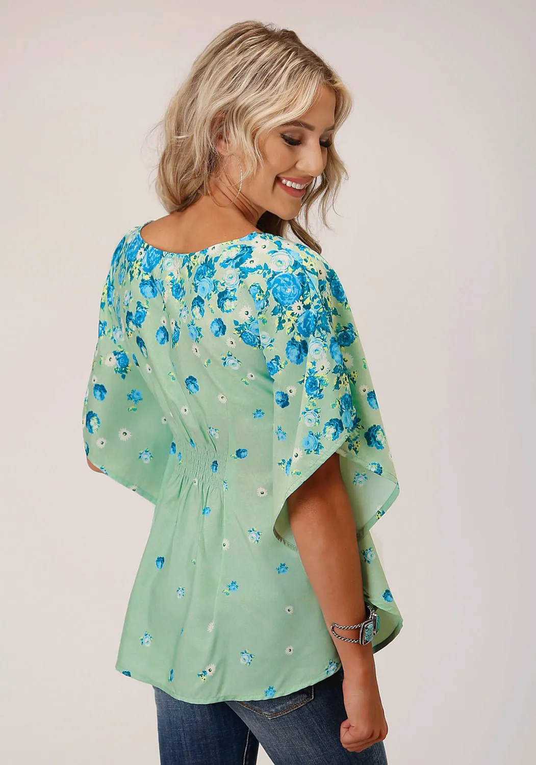 Roper Womens Summer Floral Sage Polyester S/S Blouse Limited Edition Stretchy Cloth
