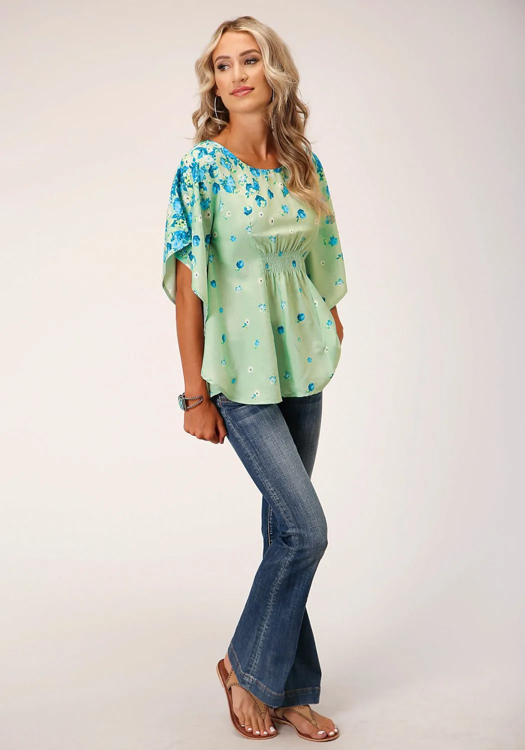 Roper Womens Summer Floral Sage Polyester S/S Blouse Tailored Style