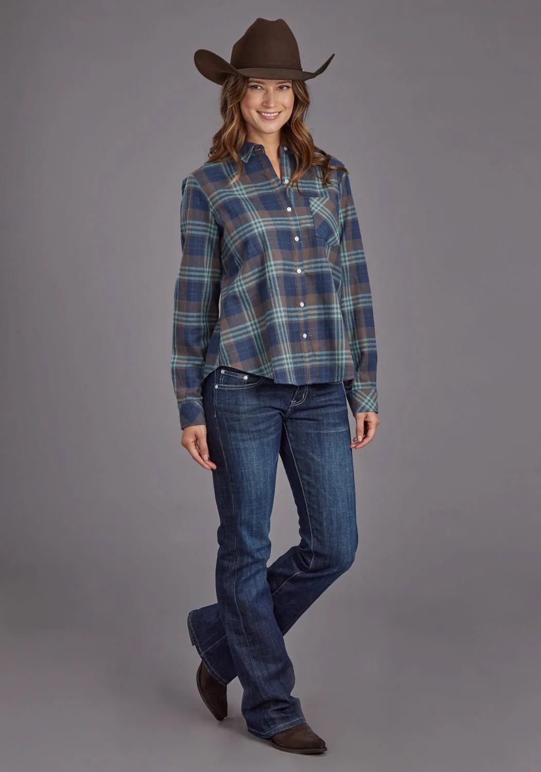 Stetson Womens Flannel Plaid Navy 100% Cotton L/S Shirt mix and match Twill Weave