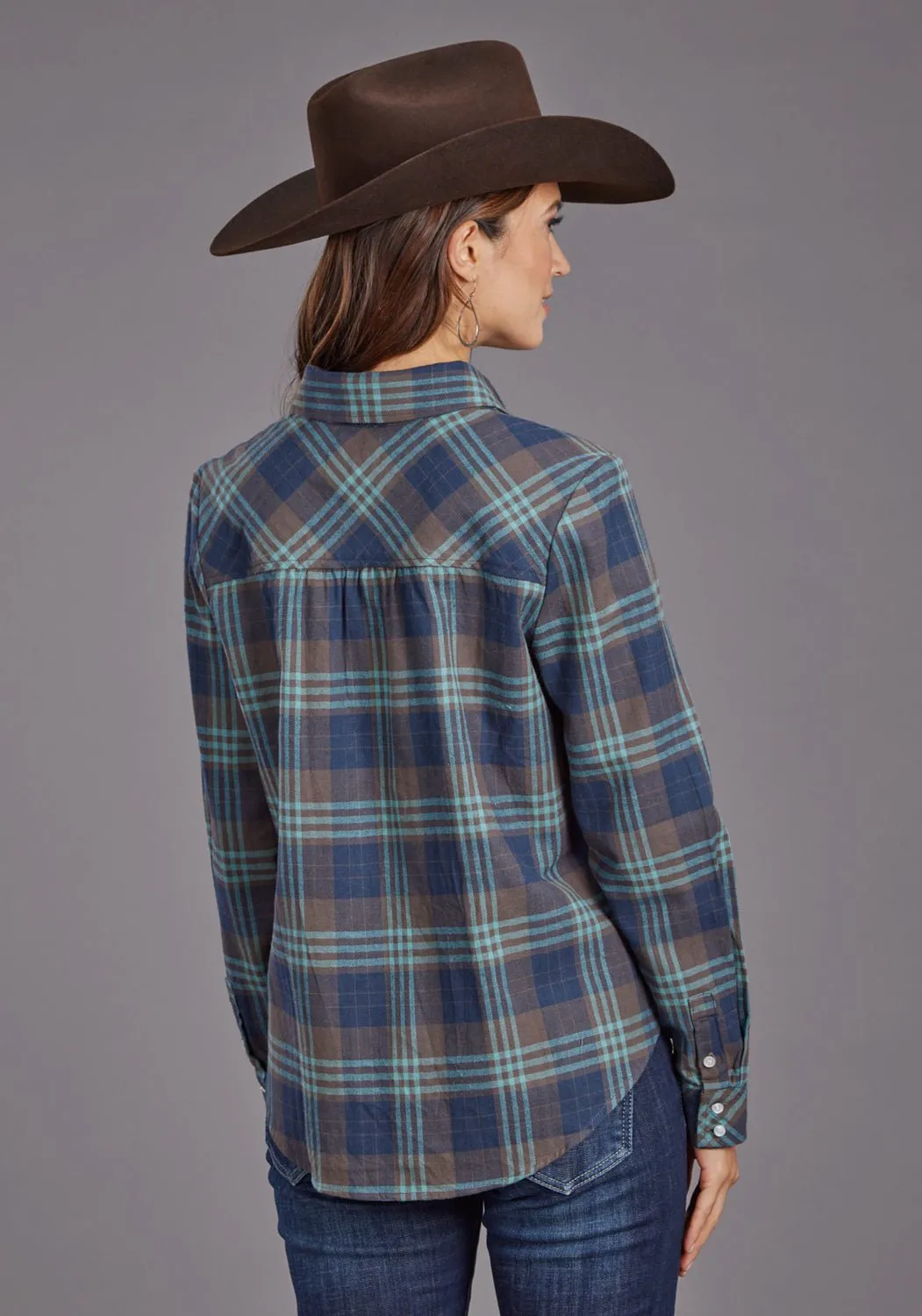 Neutral Tones Warm Layers Stetson Womens Flannel Plaid Navy 100% Cotton L/S Shirt
