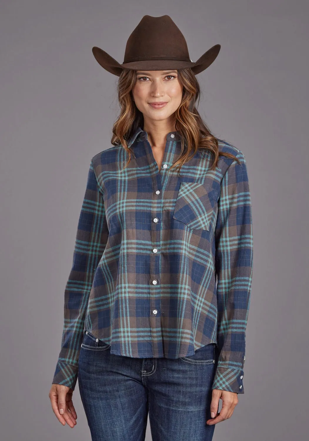 Stetson Womens Flannel Plaid Navy 100% Cotton L/S Shirt Button front