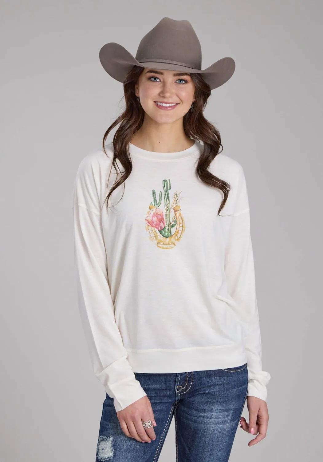 Subtle design Roper Womens Stunning Cactus Cream Poly/Rayon L/S T-Shirt