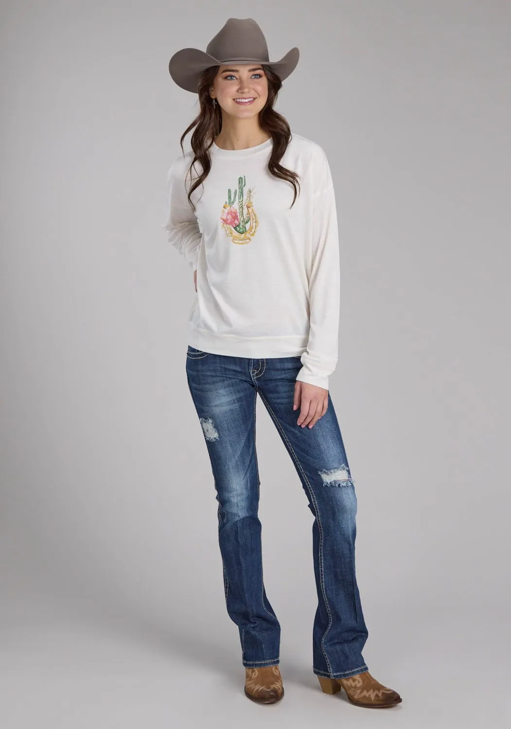 Roper Womens Stunning Cactus Cream Poly/Rayon L/S T-Shirt Quick Match Flexible Waistband Construction