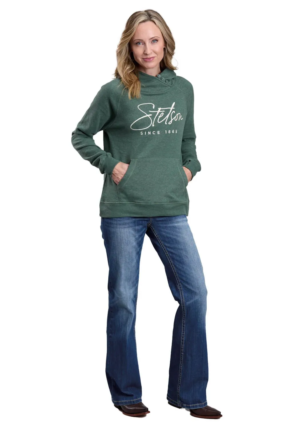 Stetson Womens Embroidered Since 1865 Forest Green Cotton Blend Hoodie Fit Anytime