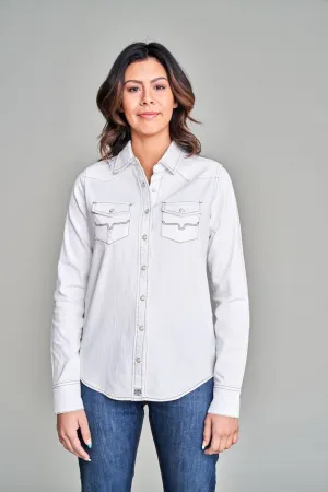 Fashion Staple Kimes Ranch Womens Kaycee Denim Winter White Cotton blend L/S Shirt Non Restrictive Armhole Trendy Fit Kimes Ranch Womens Kaycee Denim Winter White Cotton blend L/S Shirt