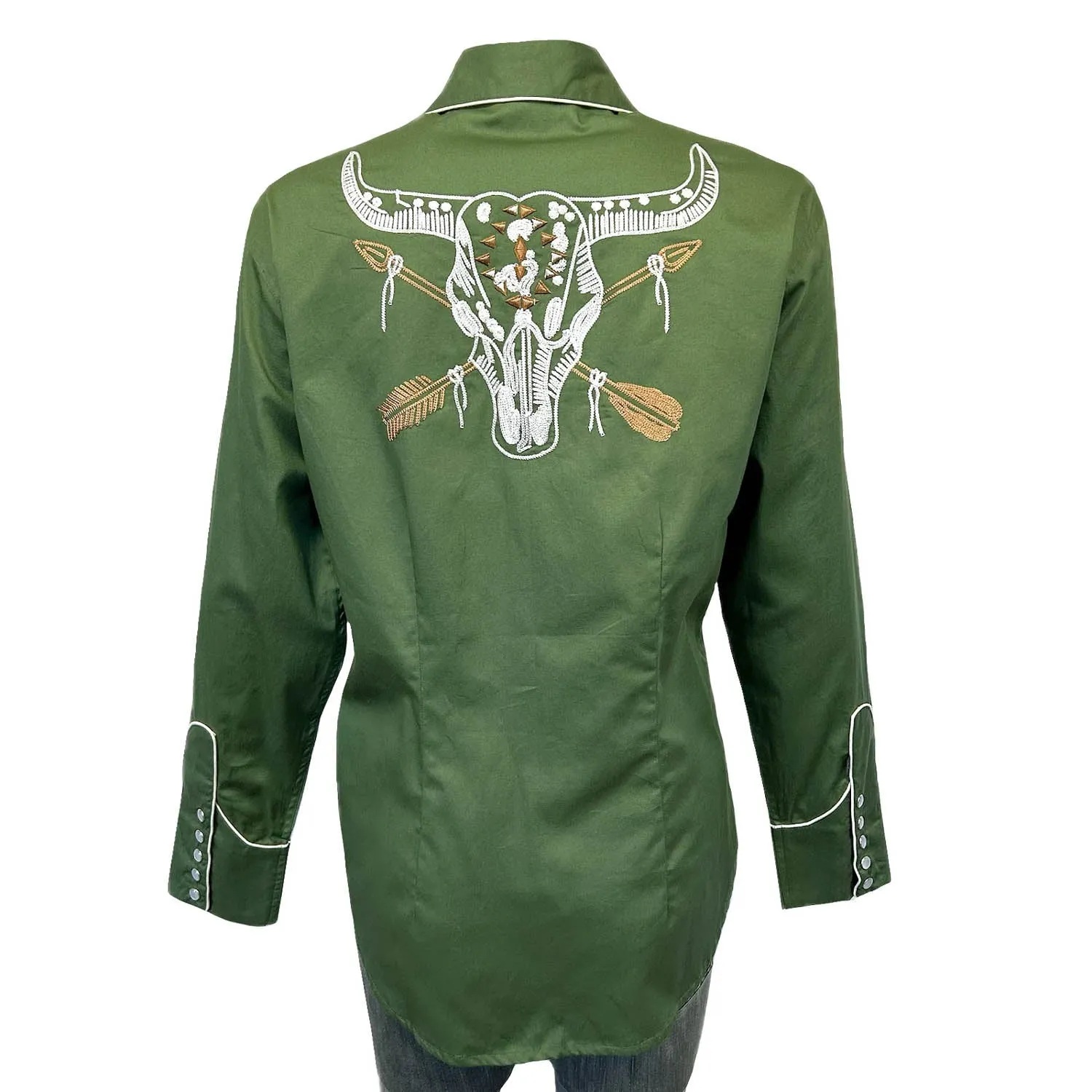 Runway Inspired Rockmount Womens Vintage Steer Skull Green 100% Cotton L/S Shirt