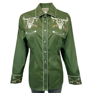 Fashion Staple Rockmount Womens Vintage Steer Skull Green 100% Cotton L/S Shirt Travel-friendly Timeless Piece Rockmount Womens Vintage Steer Skull Green 100% Cotton L/S Shirt