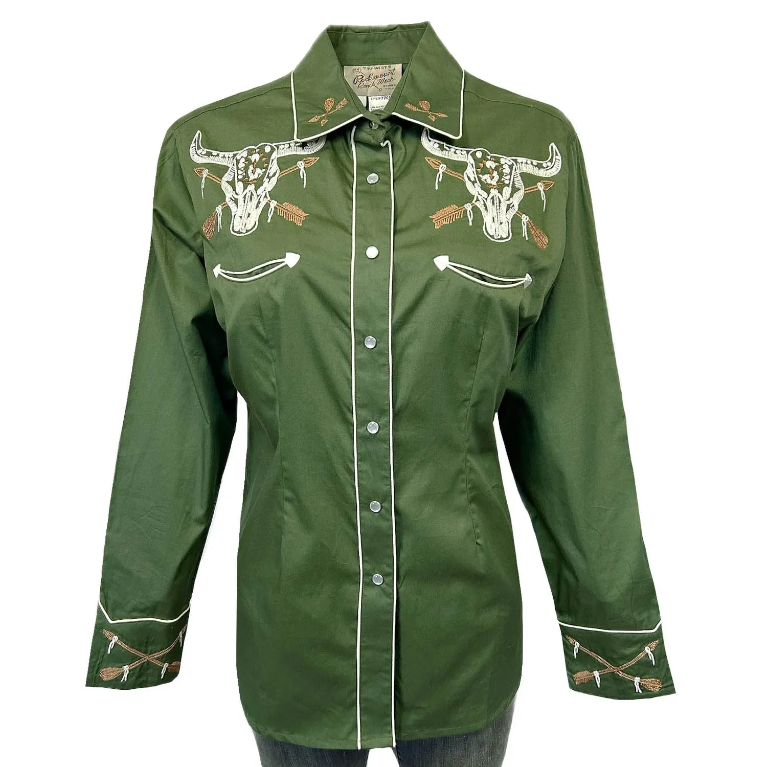 Rockmount Womens Vintage Steer Skull Green 100% Cotton L/S Shirt Timeless Appeal