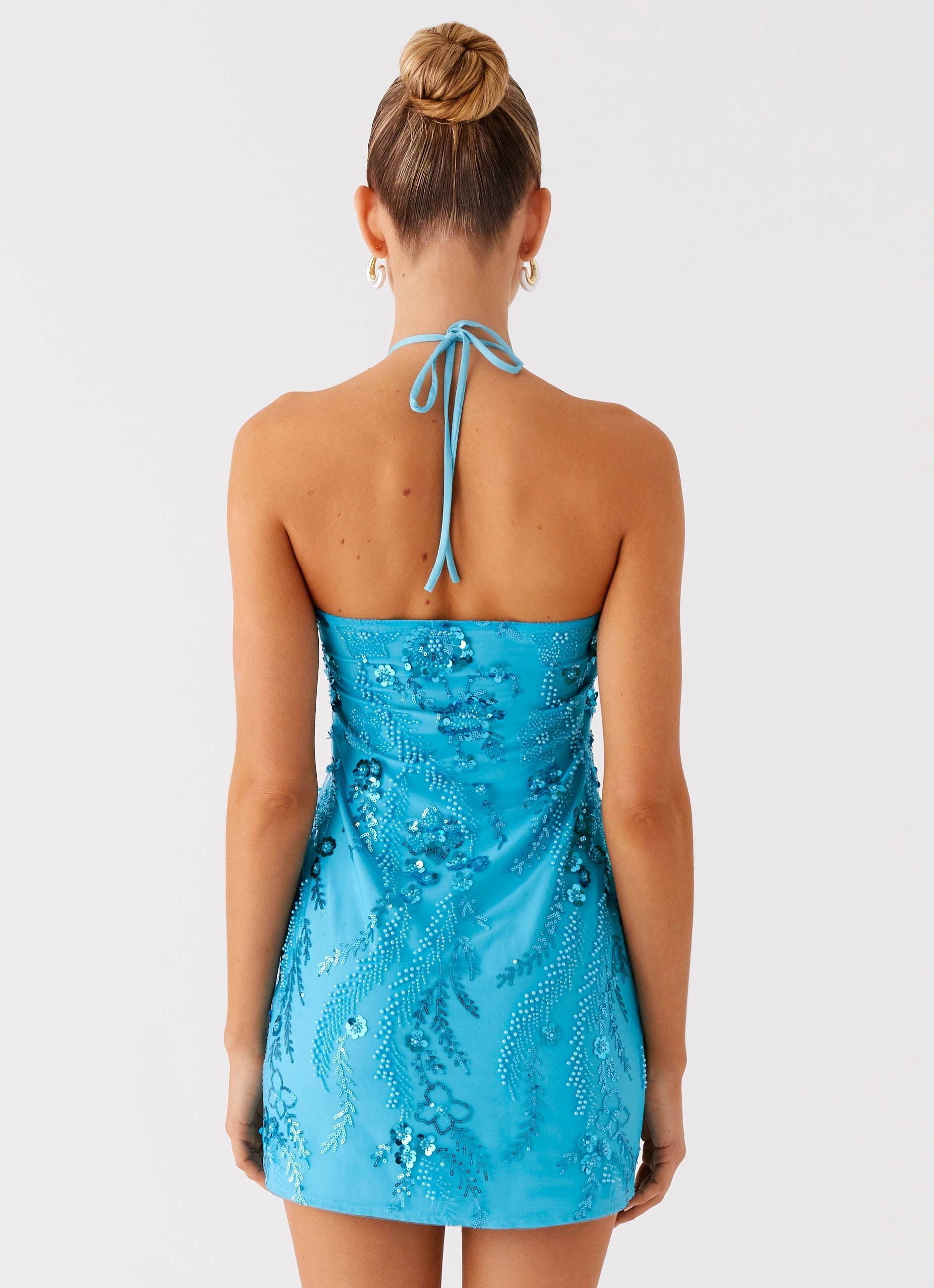 Satin Finish Bebe Beaded Mini Dress - Royal Blue