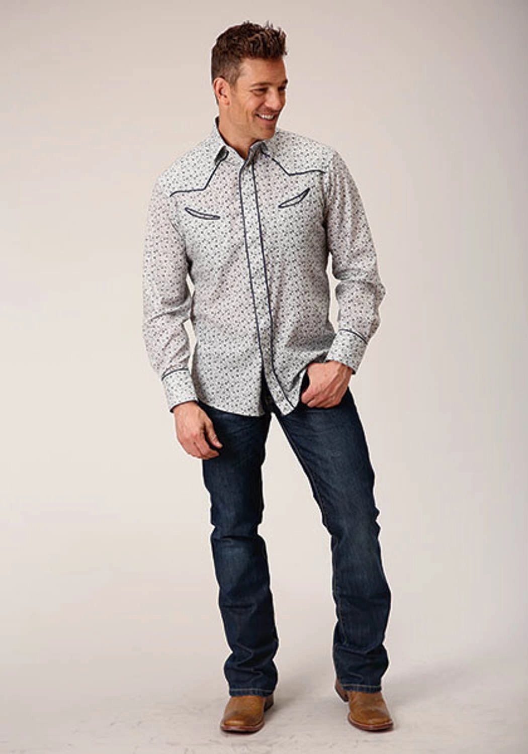 Moisture Management Tech Pullover Design Roper Mens 1626 Retro Mini Floral Blue Cotton Blend L/S Shirt