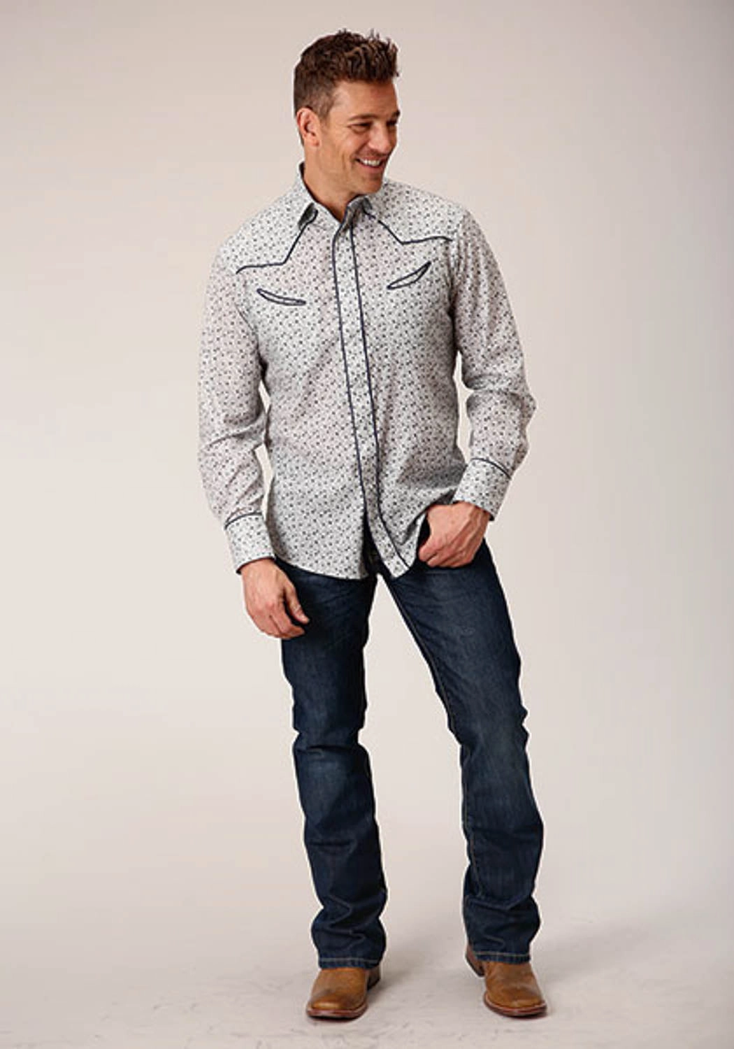 Roper Mens 1626 Retro Mini Floral Blue Cotton Blend L/S Shirt Button front