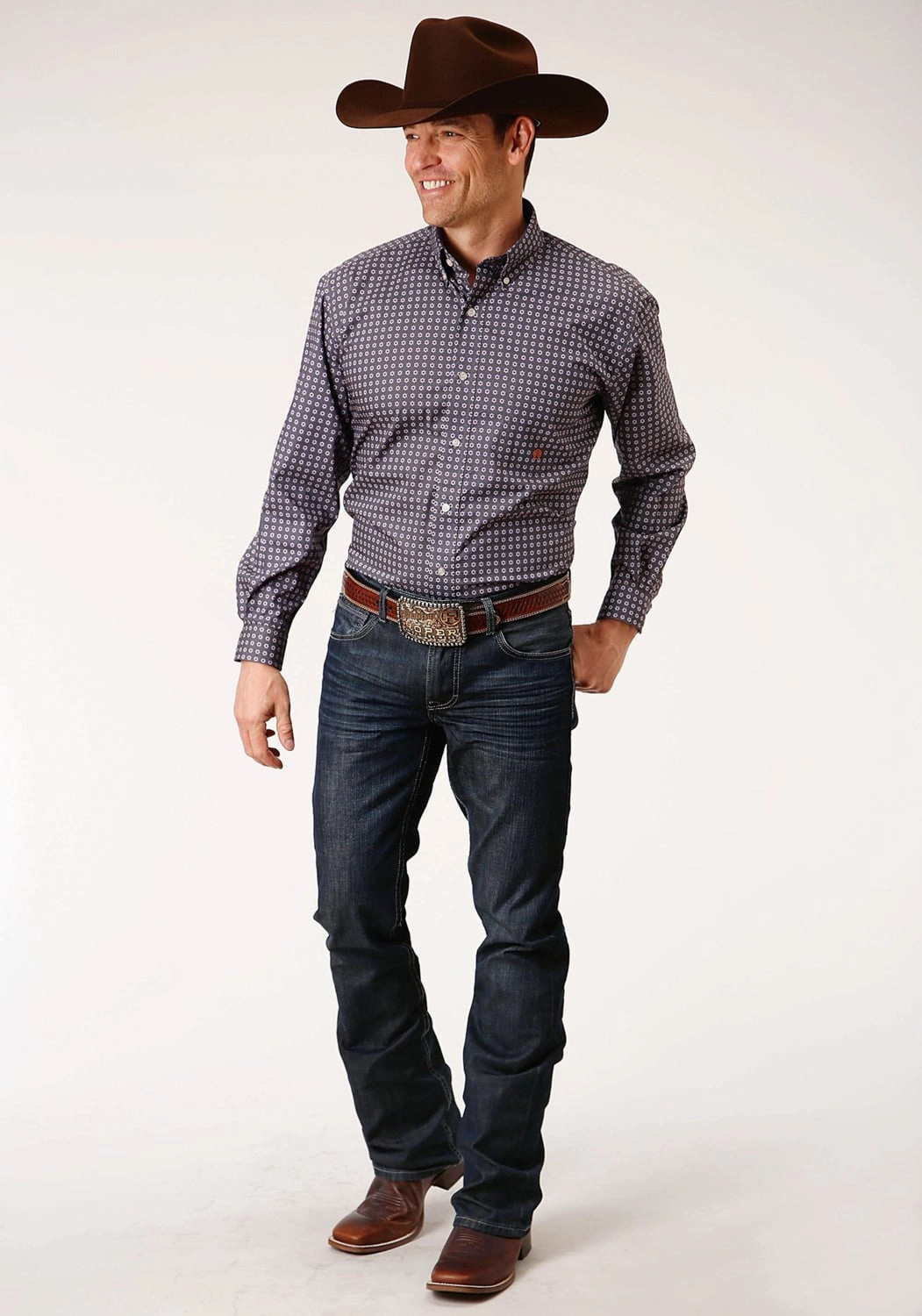 Roper Mens Grey 100% Cotton Plum Foulard BD L/S 1 Pkt Shirt Casual Vibe Formal Elegance