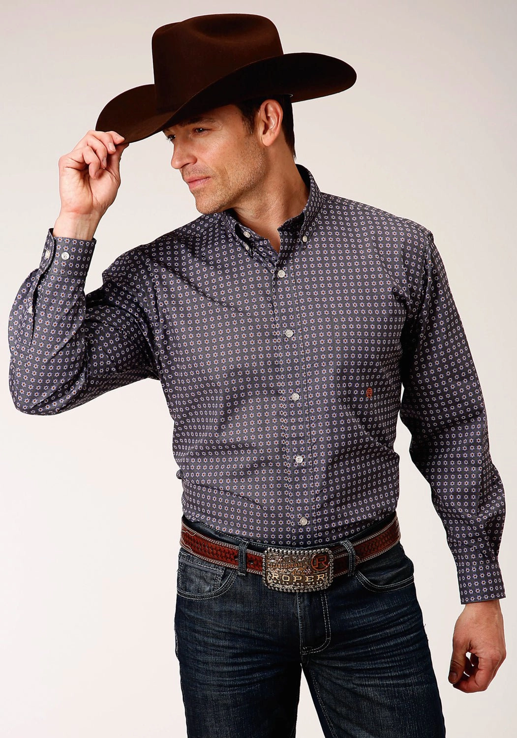 Roper Mens Grey 100% Cotton Plum Foulard BD L/S 1 Pkt Shirt Chilly Day Wear