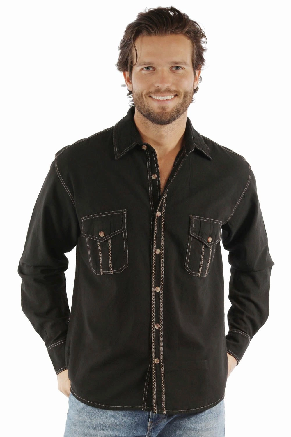 Scully Mens Western Contrast Stitching Black 100% Cotton L/S Shirt Stylish Element