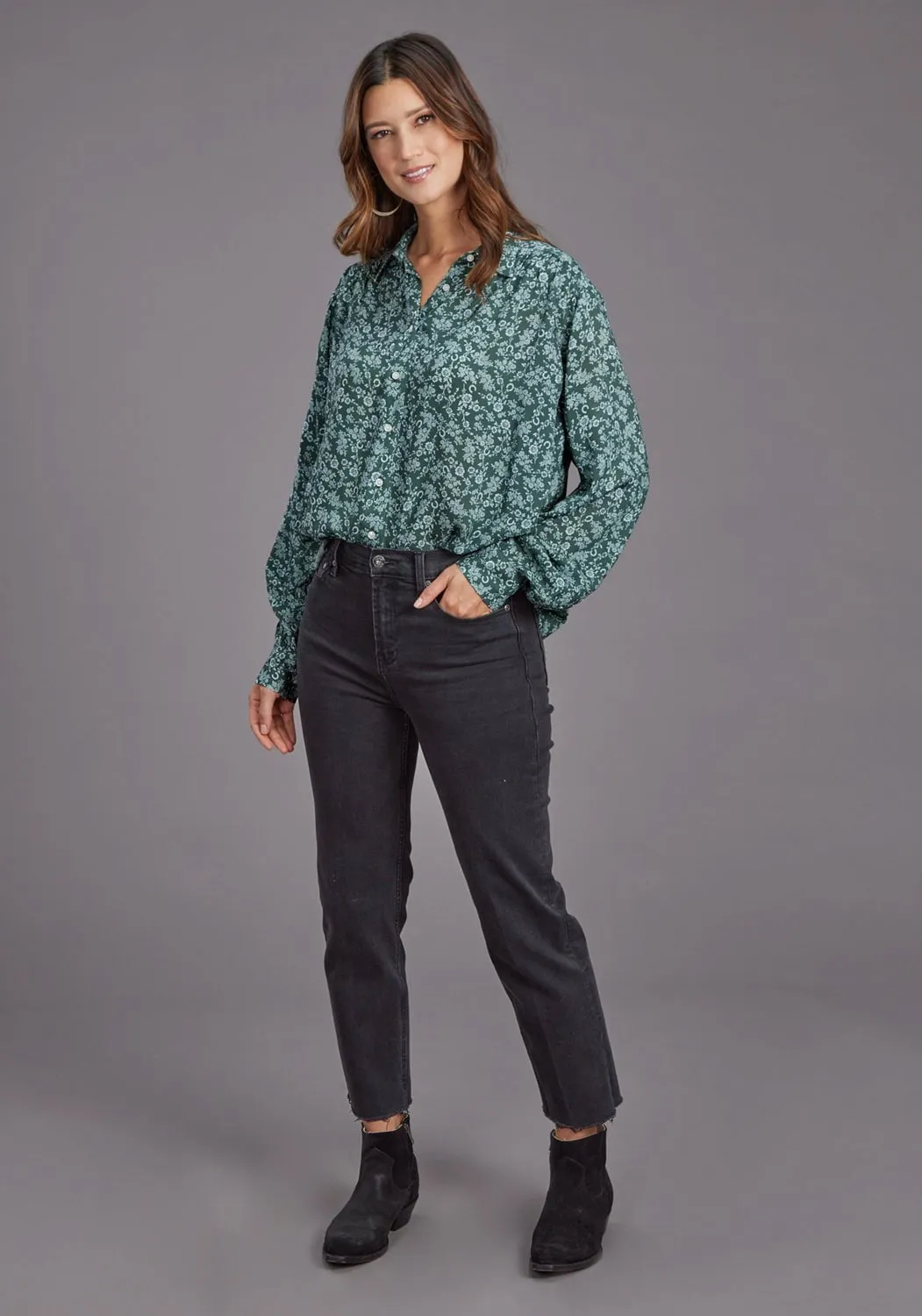 Snag Free Surface Anti-static Stetson Womens Lucky Littl Floral Green 100% Rayon Button L/S Blouse