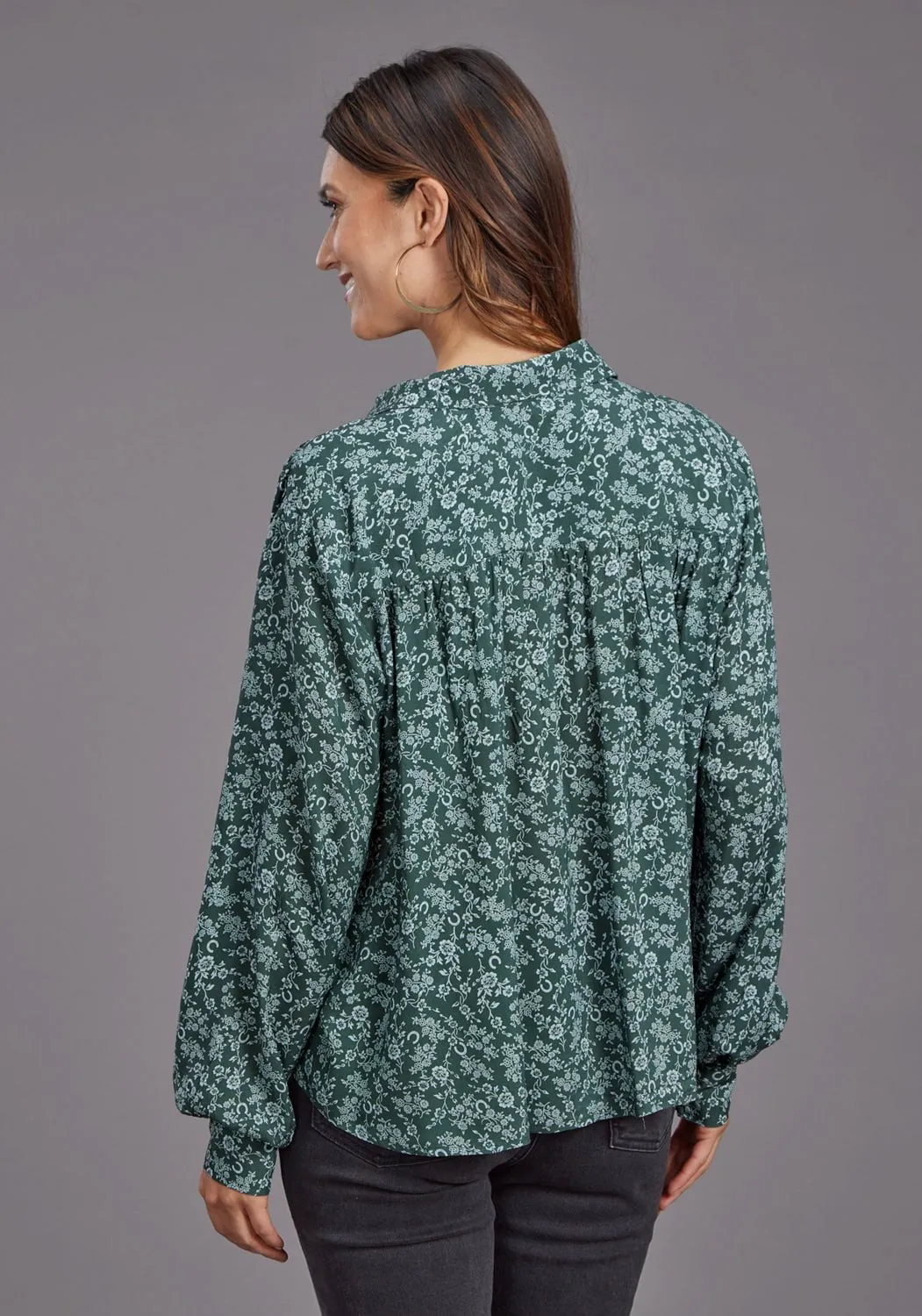 Layered Design Stetson Womens Lucky Littl Floral Green 100% Rayon Button L/S Blouse